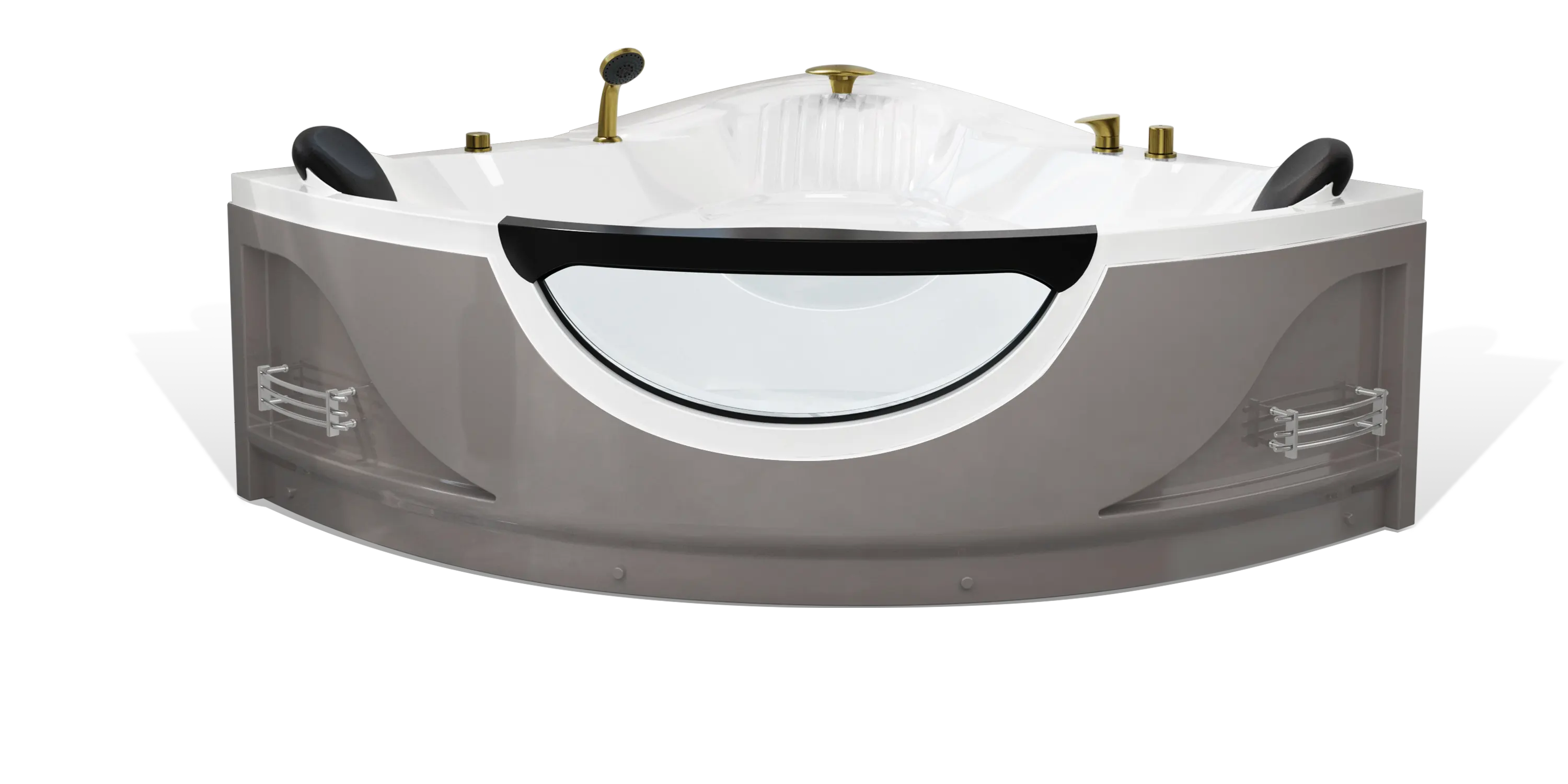 A modern taupe brown triangle Empava bathtub with white interior, multiple brushed gold faucets, a shower head on the side and a black removable headrest. The bathtub has a sleek, minimalist design with clean lines and a glossy finish.