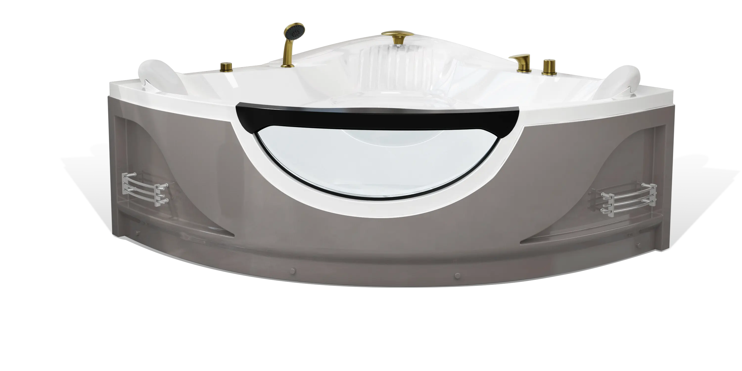 A modern taupe brown triangle Empava bathtub with white interior, multiple brushed gold faucets, a shower head on the side and a white removable headrest. The bathtub has a sleek, minimalist design with clean lines and a glossy finish.