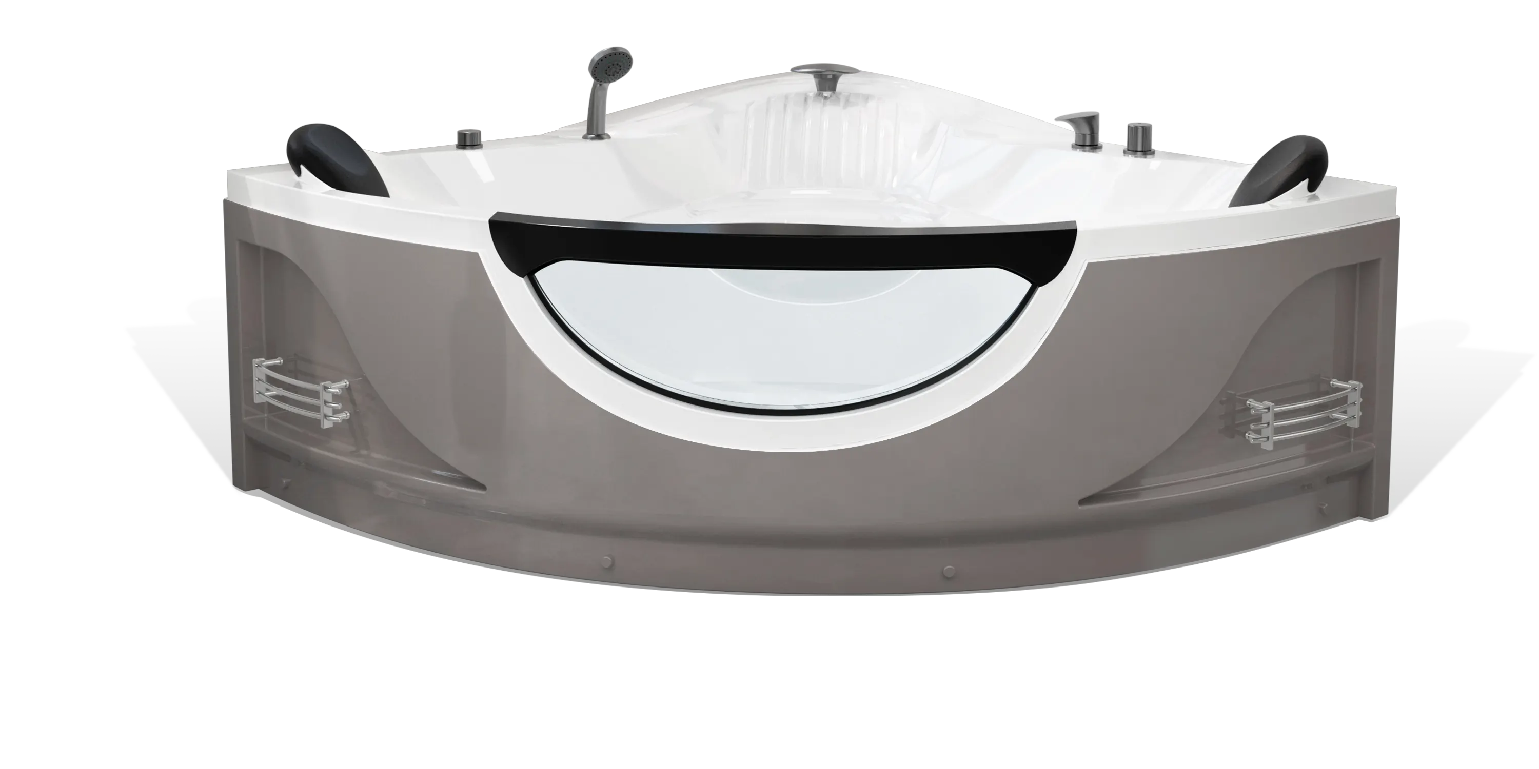 A modern taupe brown triangle Empava bathtub with white interior, multiple brushed nickel faucets, a shower head on the side and a black removable headrest. The bathtub has a sleek, minimalist design with clean lines and a glossy finish.