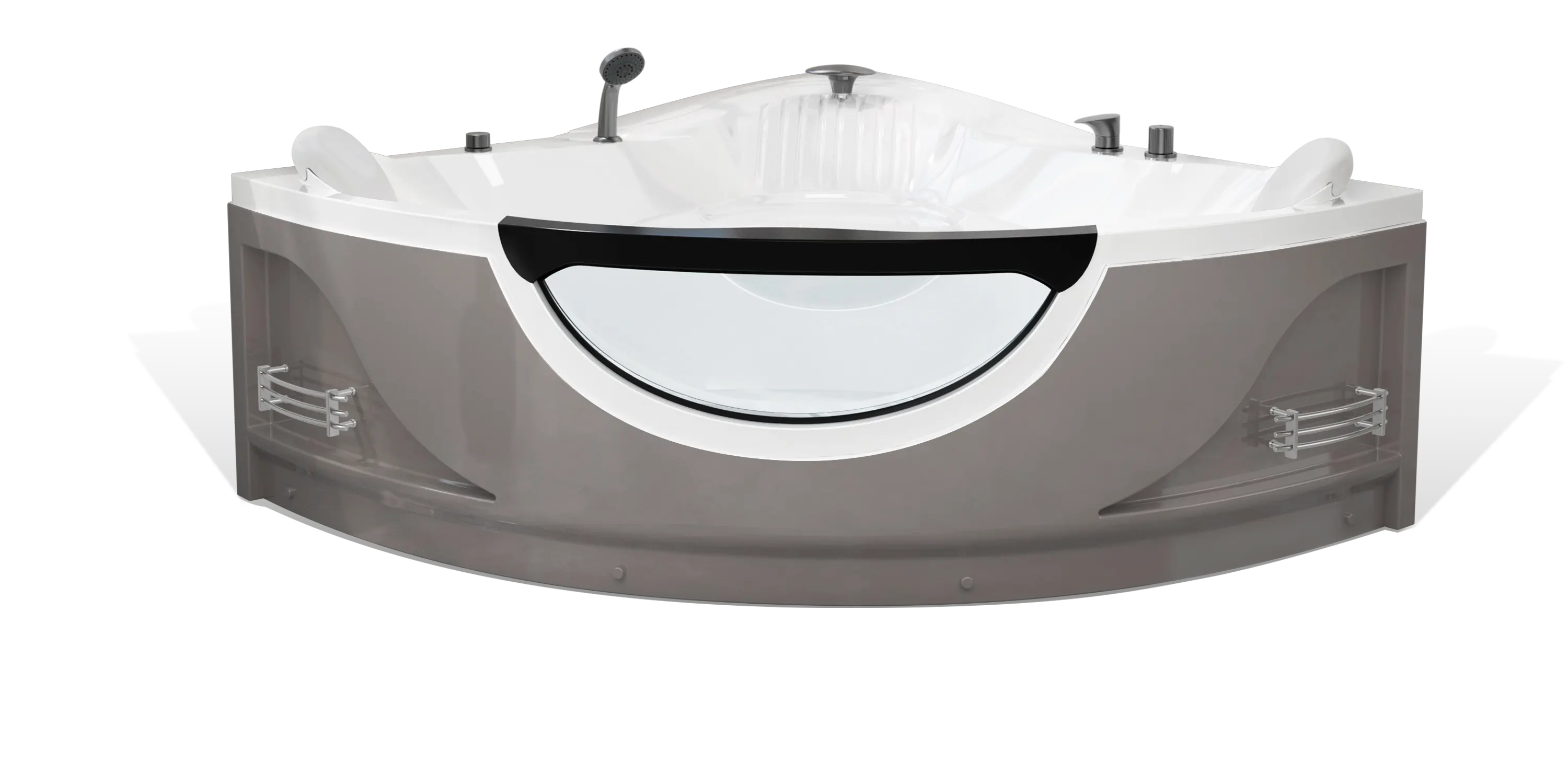 A modern taupe brown triangle Empava bathtub with white interior, multiple brushed nickel faucets, a shower head on the side and a white removable headrest. The bathtub has a sleek, minimalist design with clean lines and a glossy finish.