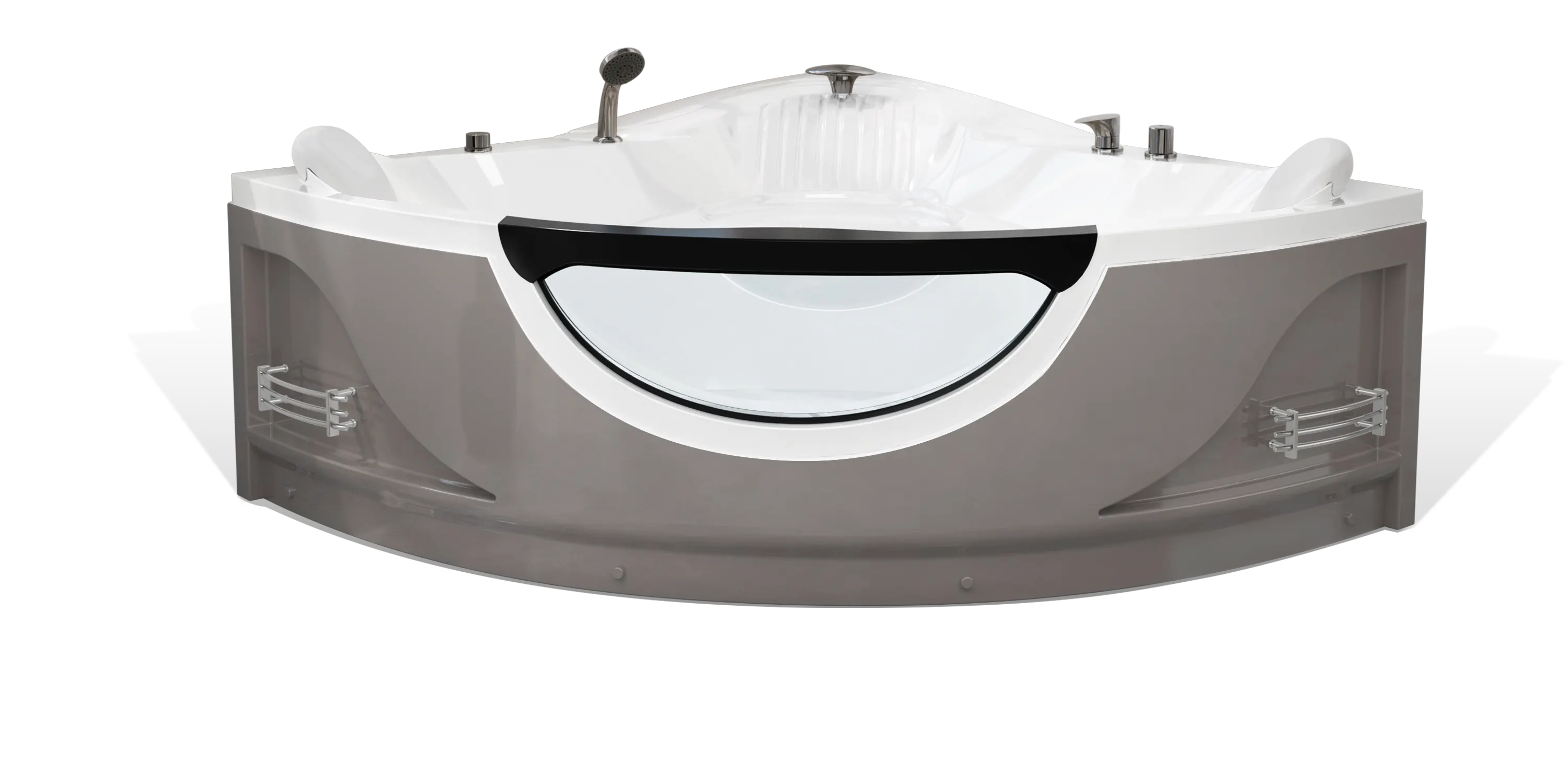 A modern taupe brown triangle Empava bathtub with white interior, multiple chrome faucets, a shower head on the side and a white removable headrest. The bathtub has a sleek, minimalist design with clean lines and a glossy finish.