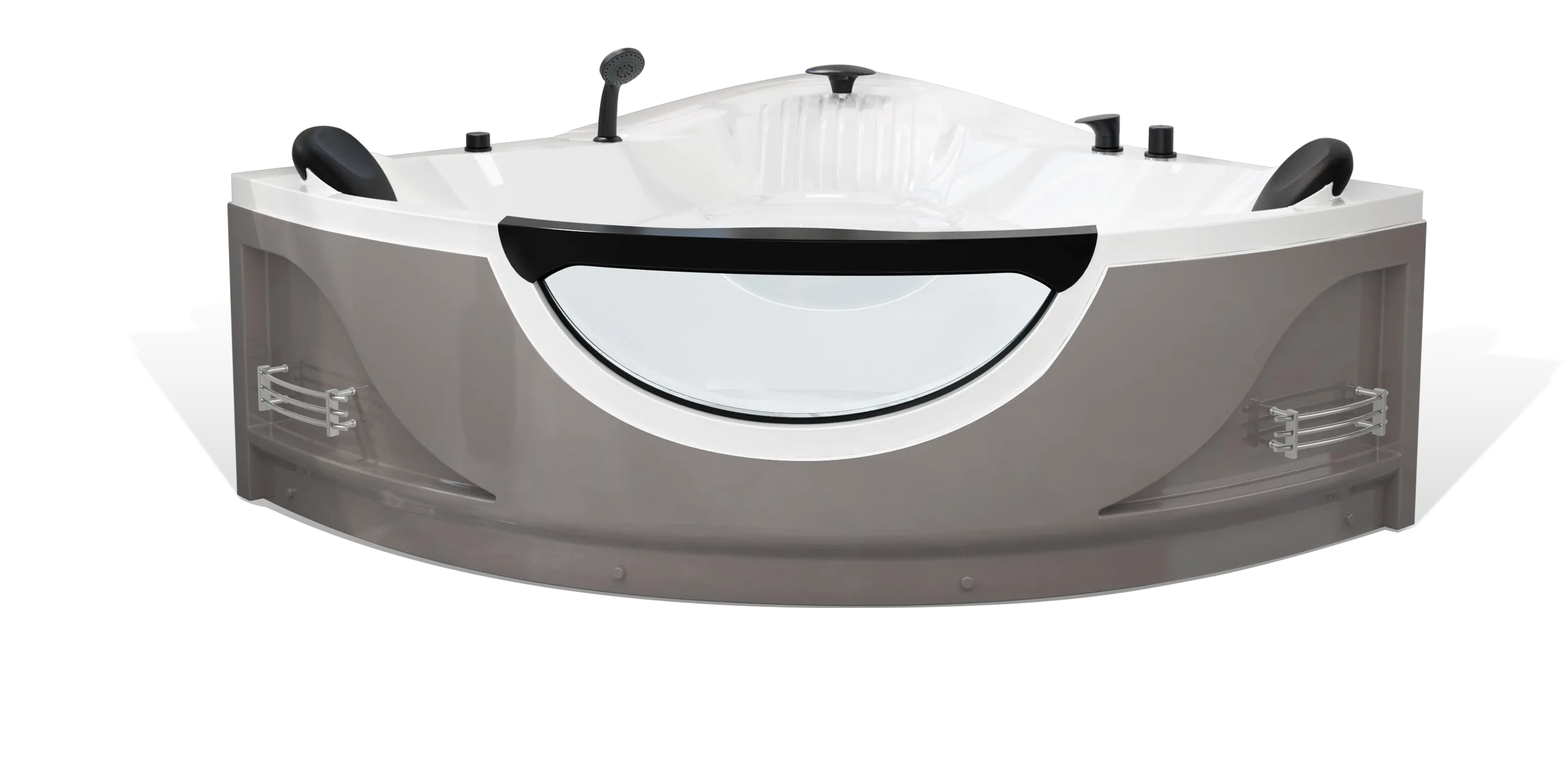 A modern taupe brown triangle Empava bathtub with white interior, multiple matte black faucets, a shower head on the side and a black removable headrest. The bathtub has a sleek, minimalist design with clean lines and a glossy finish.