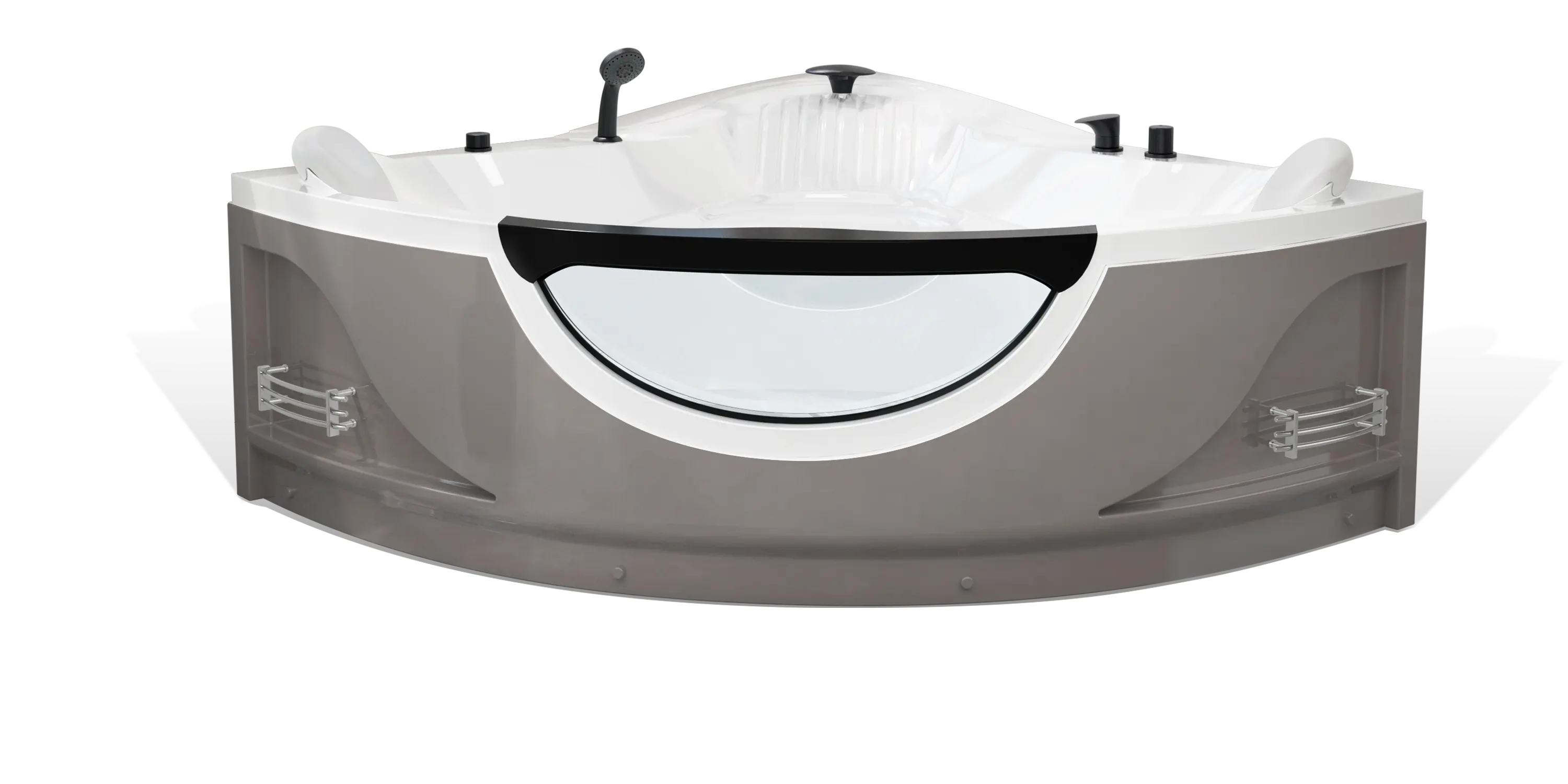 A modern taupe brown triangle Empava bathtub with white interior, multiple matte black faucets, a shower head on the side and a white removable headrest. The bathtub has a sleek, minimalist design with clean lines and a glossy finish.