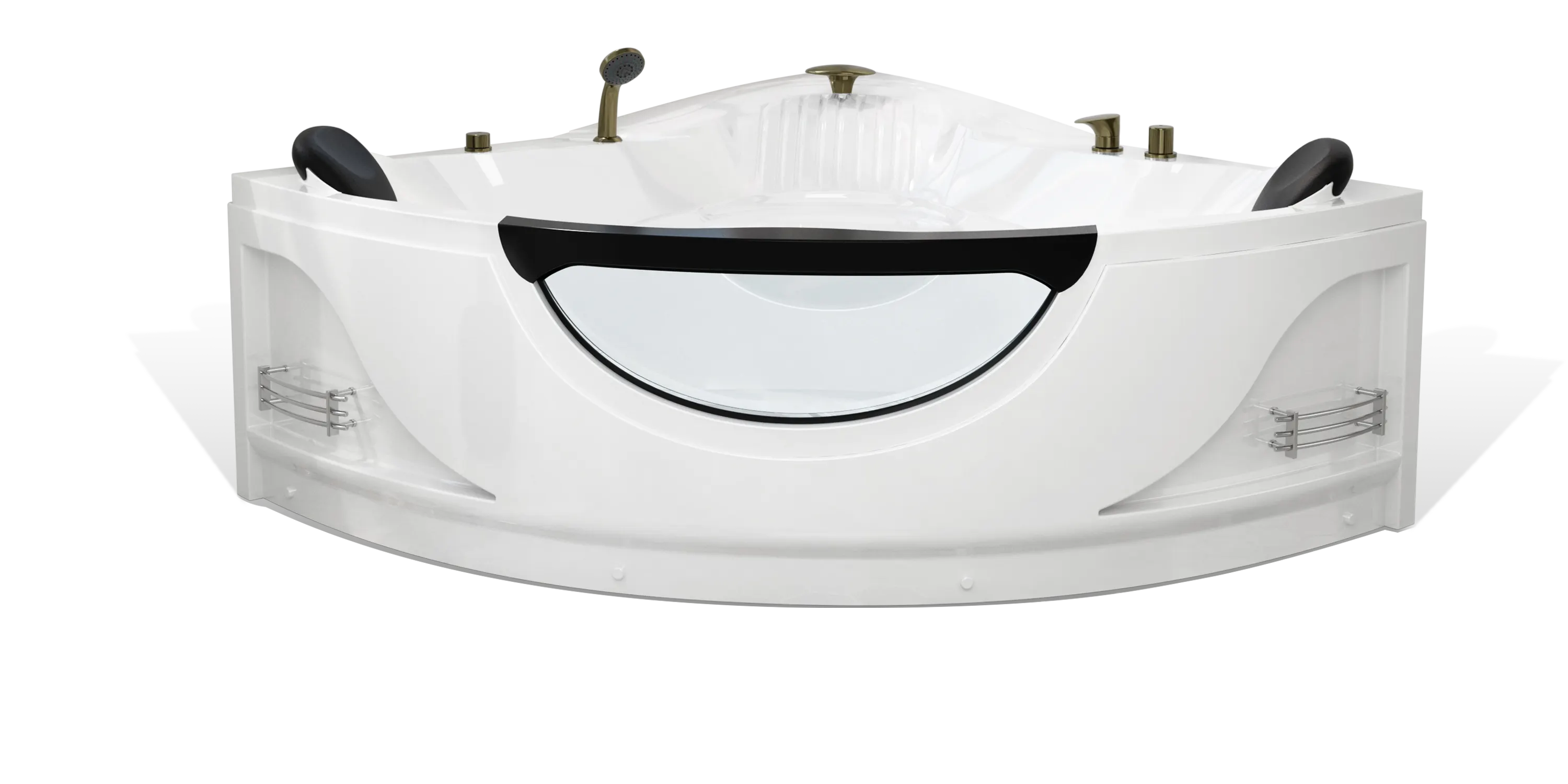 The Empava white corner bathtub features two headrests, a clear glass panel in the front, chrome fixtures, and built-in shelving on both sides for storage. Ventilated water jets and a hand shower are also integrated into the design, giving it a modern and luxurious appearance.
