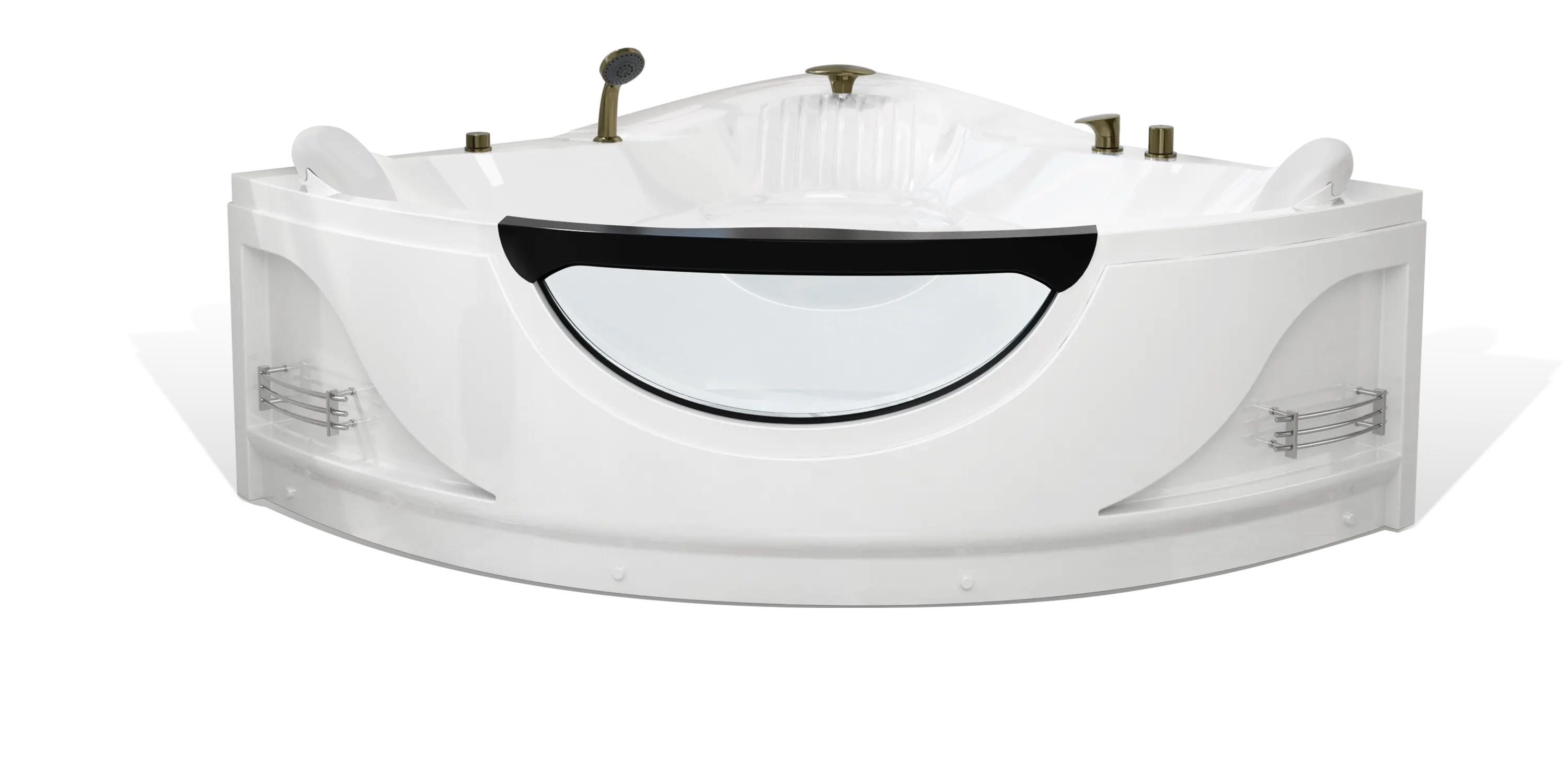 A modern white Empava corner bathtub featuring built-in shelving on the sides, chrome faucets, and a glass window panel on the front. The tub has a sleek design with an ergonomic headrest and a hand-held shower attachment.