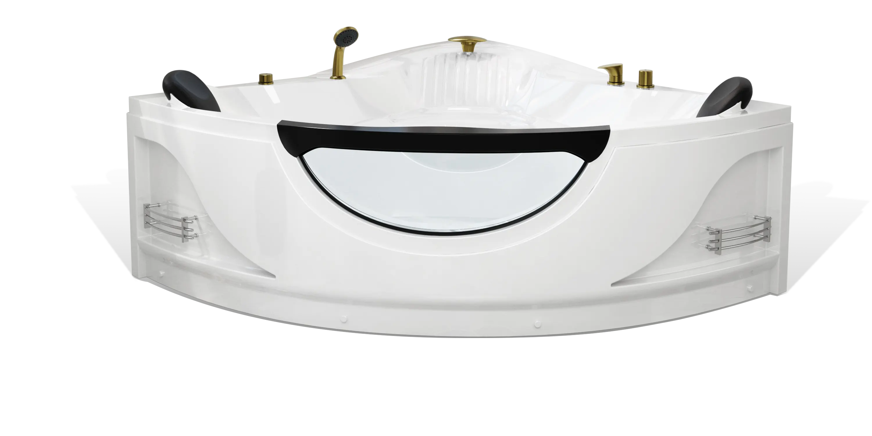 The Empava white corner bathtub boasts a built-in showerhead, black headrests, and chrome fixtures. It features a transparent circular window on the front and convenient storage shelves on both sides.