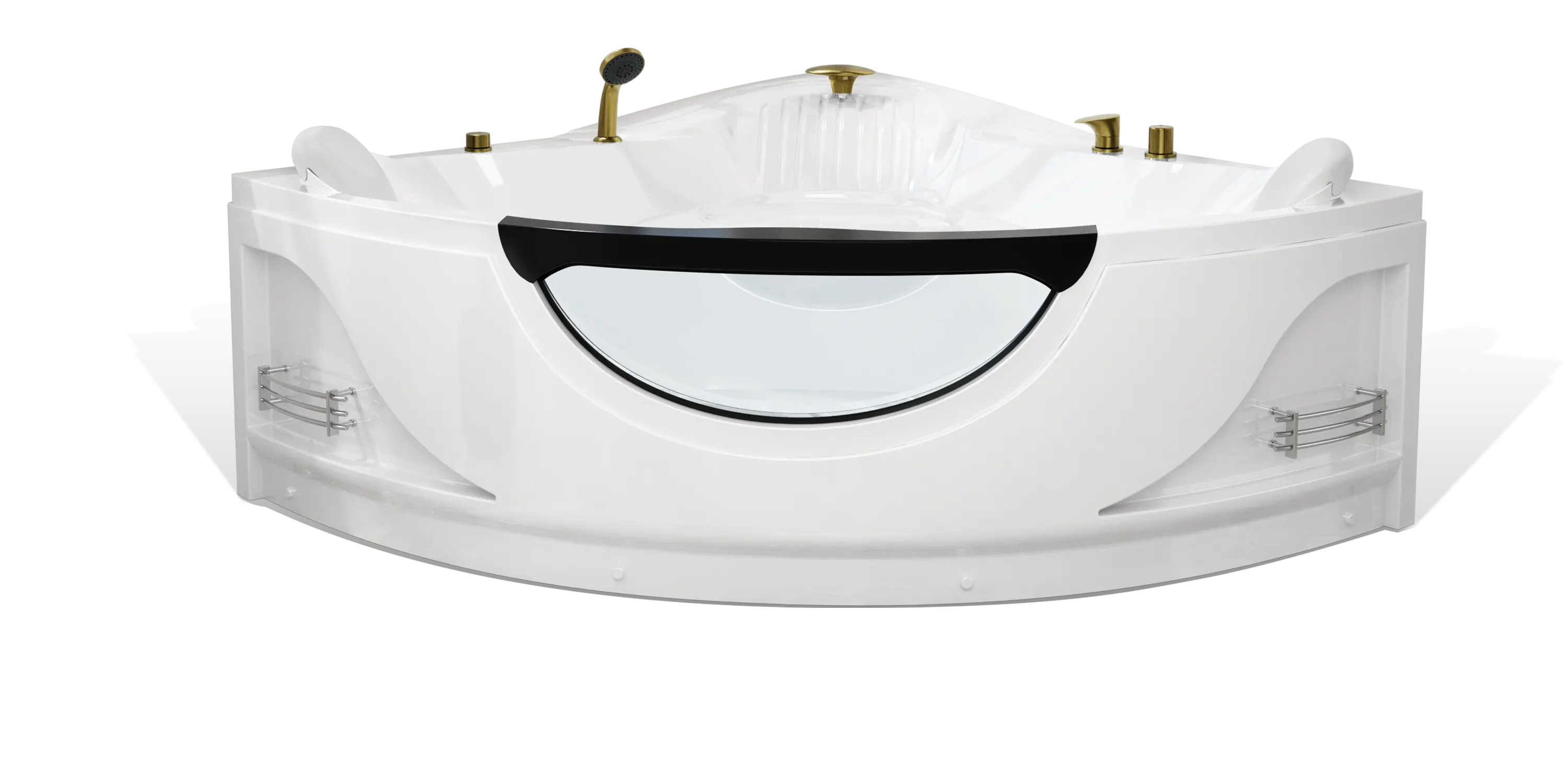 An Empava white jacuzzi bathtub with a curved front and transparent panel features golden fixtures, including a faucet and handheld showerhead. The tub has built-in shelves on both sides and a black handlebar positioned at the front.