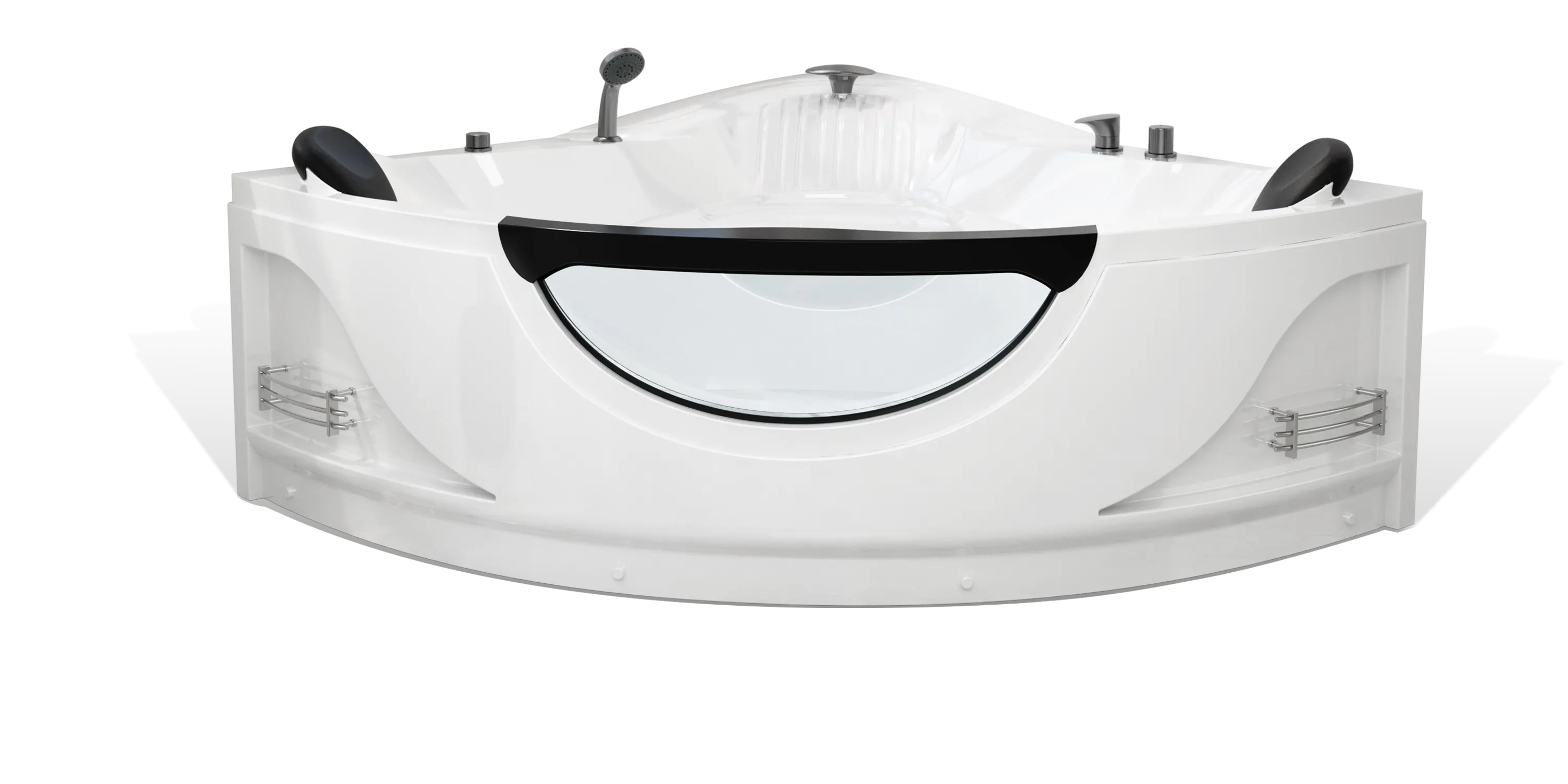 A white corner bathtub by Empava with a built-in seat, black headrests, and an arched clear panel on the side. It features chrome faucets, a handheld showerhead, and side storage shelves. The bathtub is designed for a modern bathroom setup.