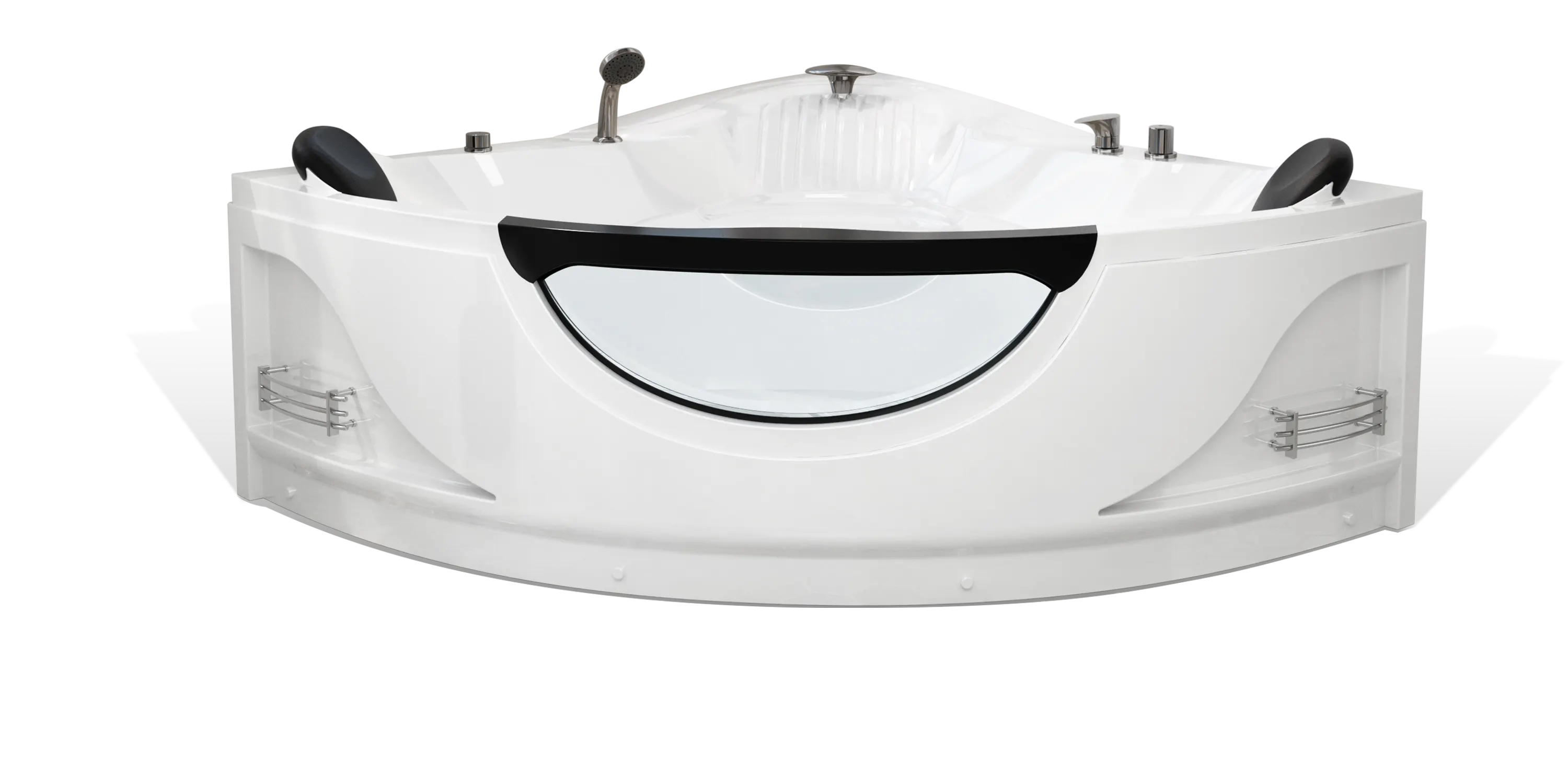 The Empava modern Jacuzzi bathtub boasts curved edges and a white exterior. It features built-in headrests, sleek chrome controls, and a transparent section on the front. Additionally, the tub includes shelves on the sides for holding bath accessories.