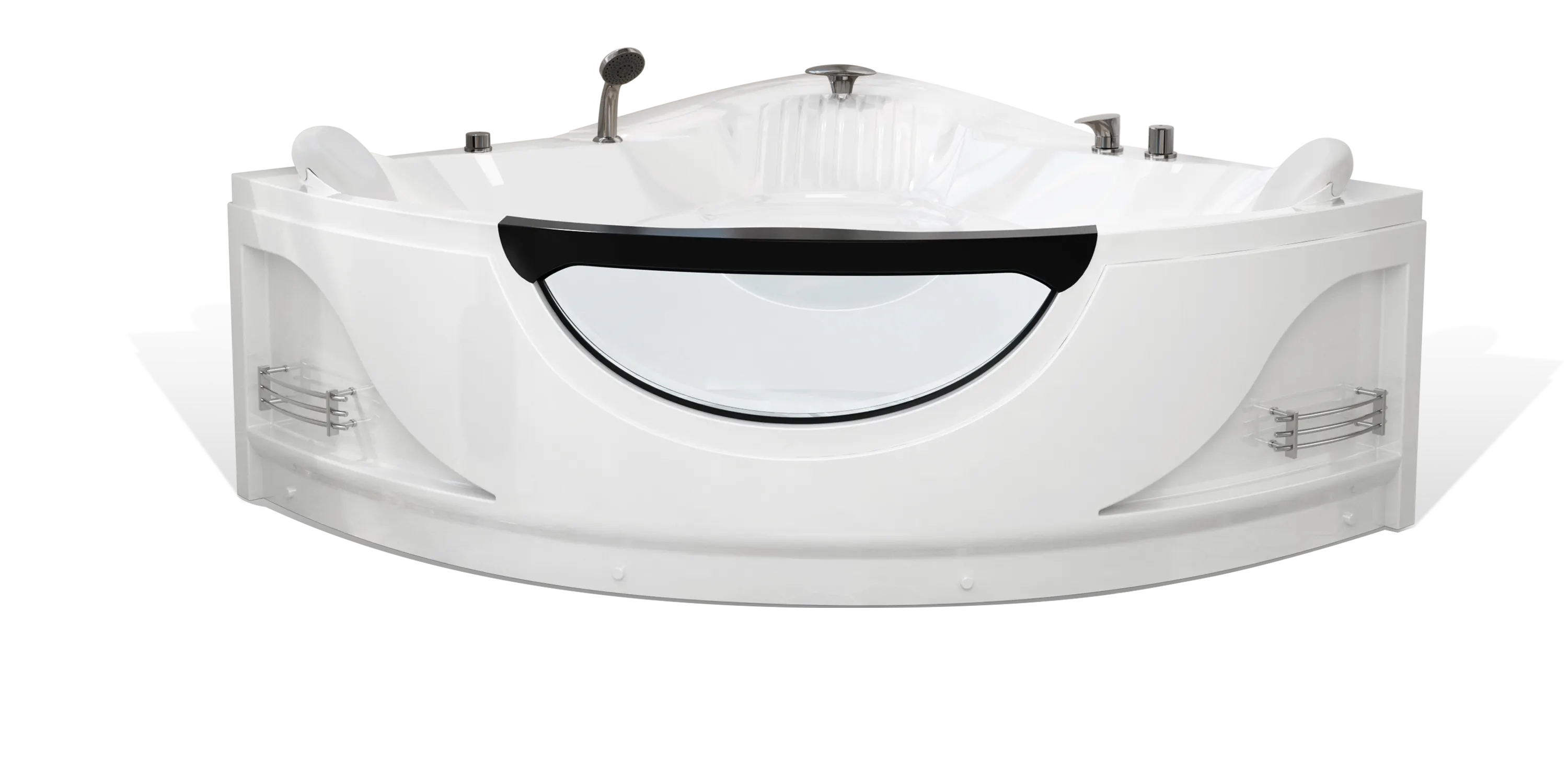 The Empava large, white corner bathtub boasts a central black handle and a built-in headrest. It's equipped with faucet fixtures, a hand-held showerhead, multiple jets, and convenient small shelves on each side for storage.