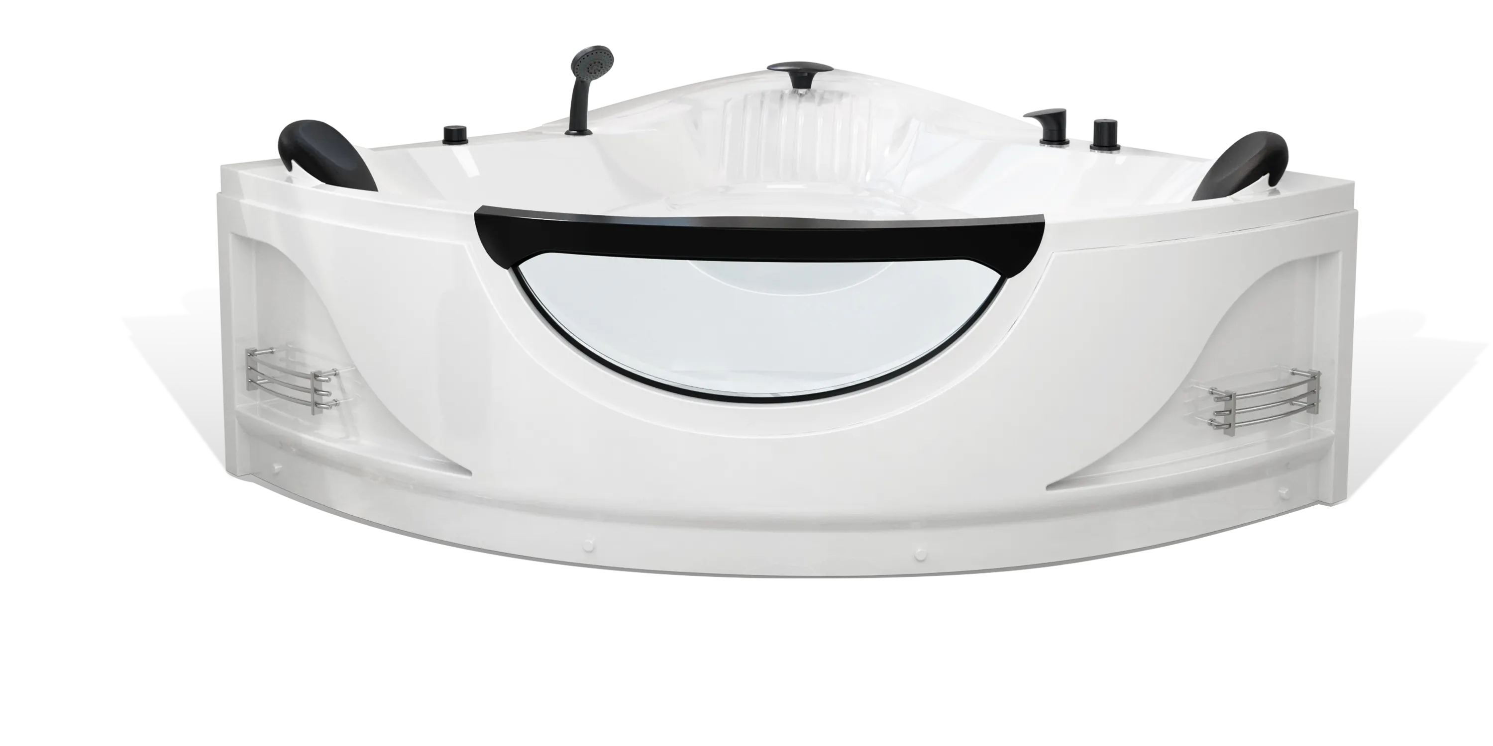A modern white Empava corner bathtub with a transparent panel on one side, black headrests, built-in handles, and a mounted showerhead. The bathtub also features contoured storage shelves and a sleek, curved design, ideal for a contemporary bathroom setting.