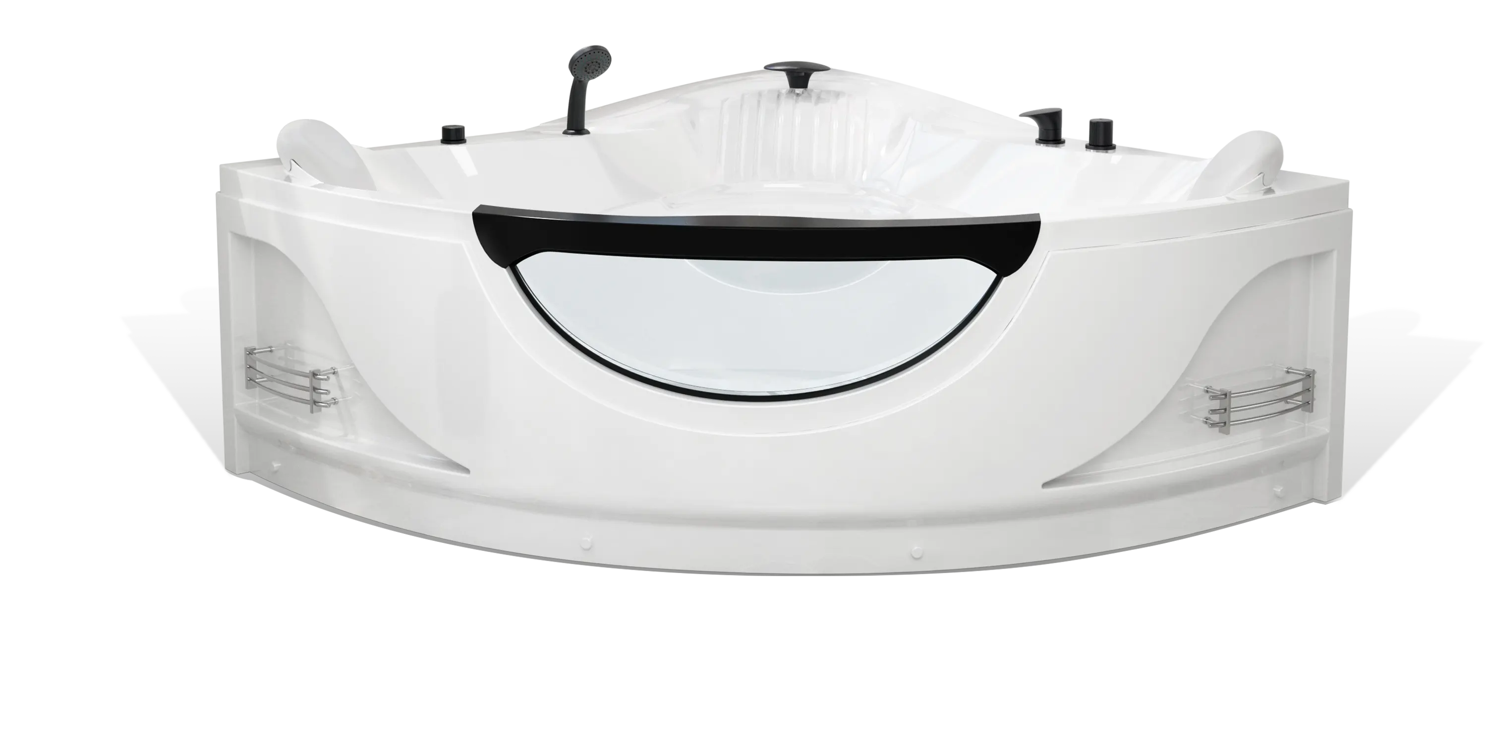 The Empava white, modern corner bathtub with a transparent front panel and black trim features built-in metal shelves on each side for toiletries, and boasts a sleek, curved design.