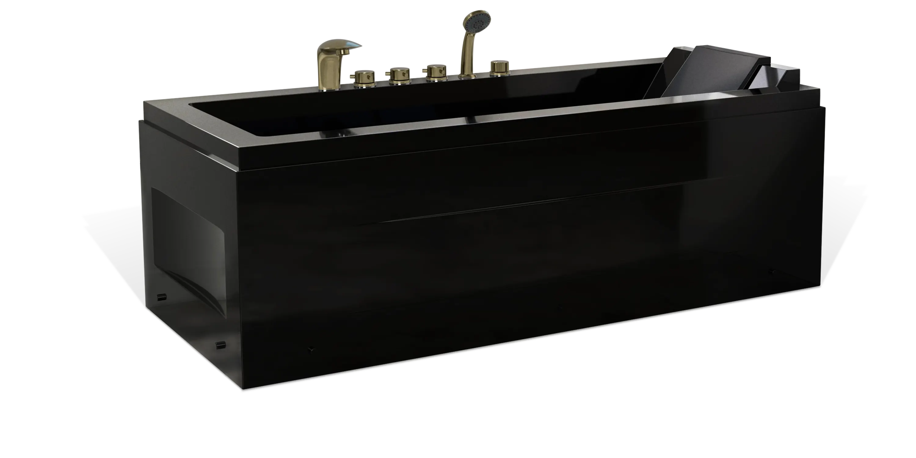 A sleek black Empava bathtub with brass fixtures, including a faucet, handles, and a handheld showerhead. The tub has a modern design with straight edges and built-in armrests on both sides. The surface appears glossy and new, subtly reflecting light.