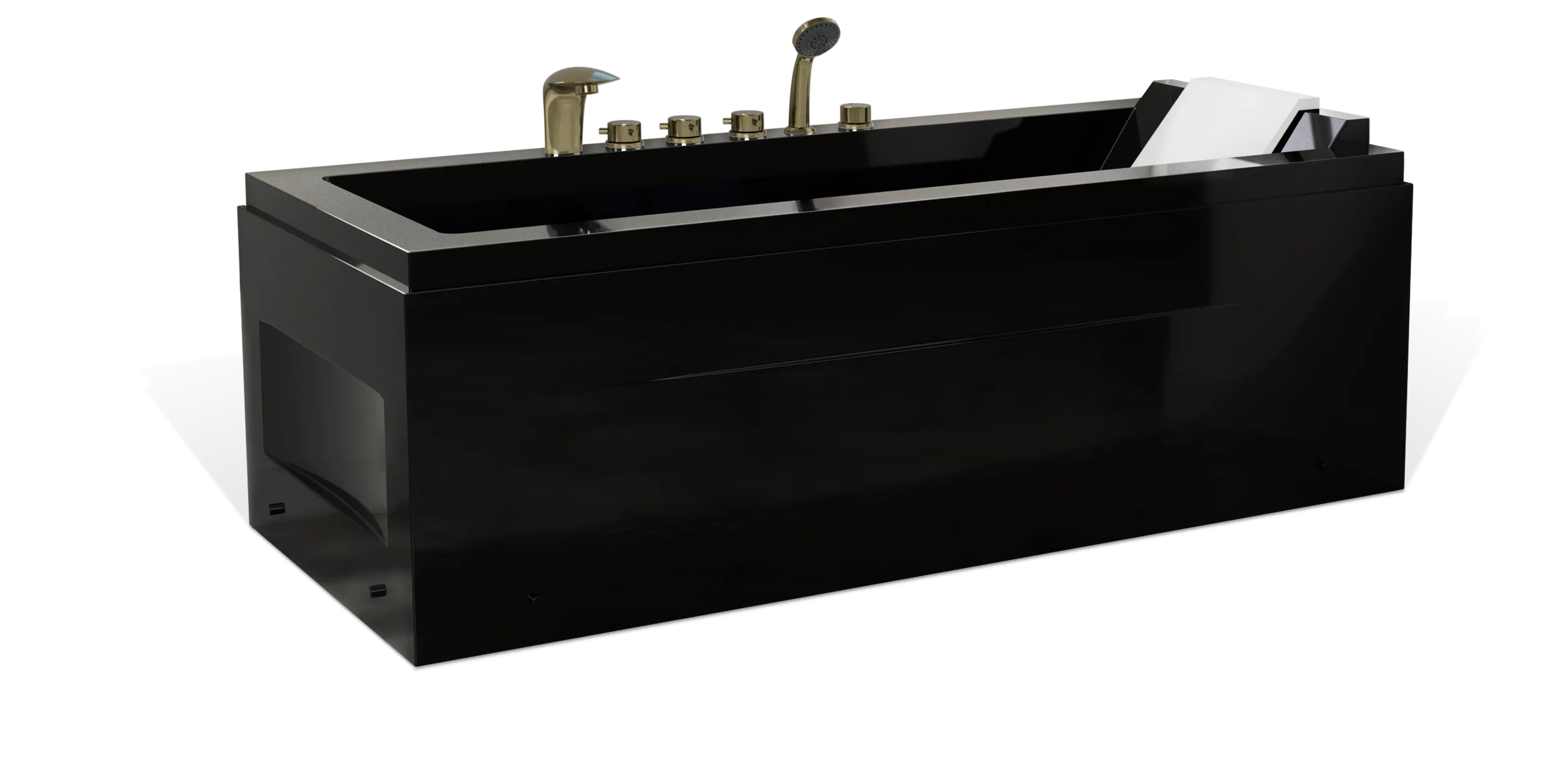 A sleek black Empava bathtub with chrome fixtures, including a faucet, knobs, and a handheld shower head, is seen. The bathtub has a modern design and a white basin, contrasting with its glossy black exterior.