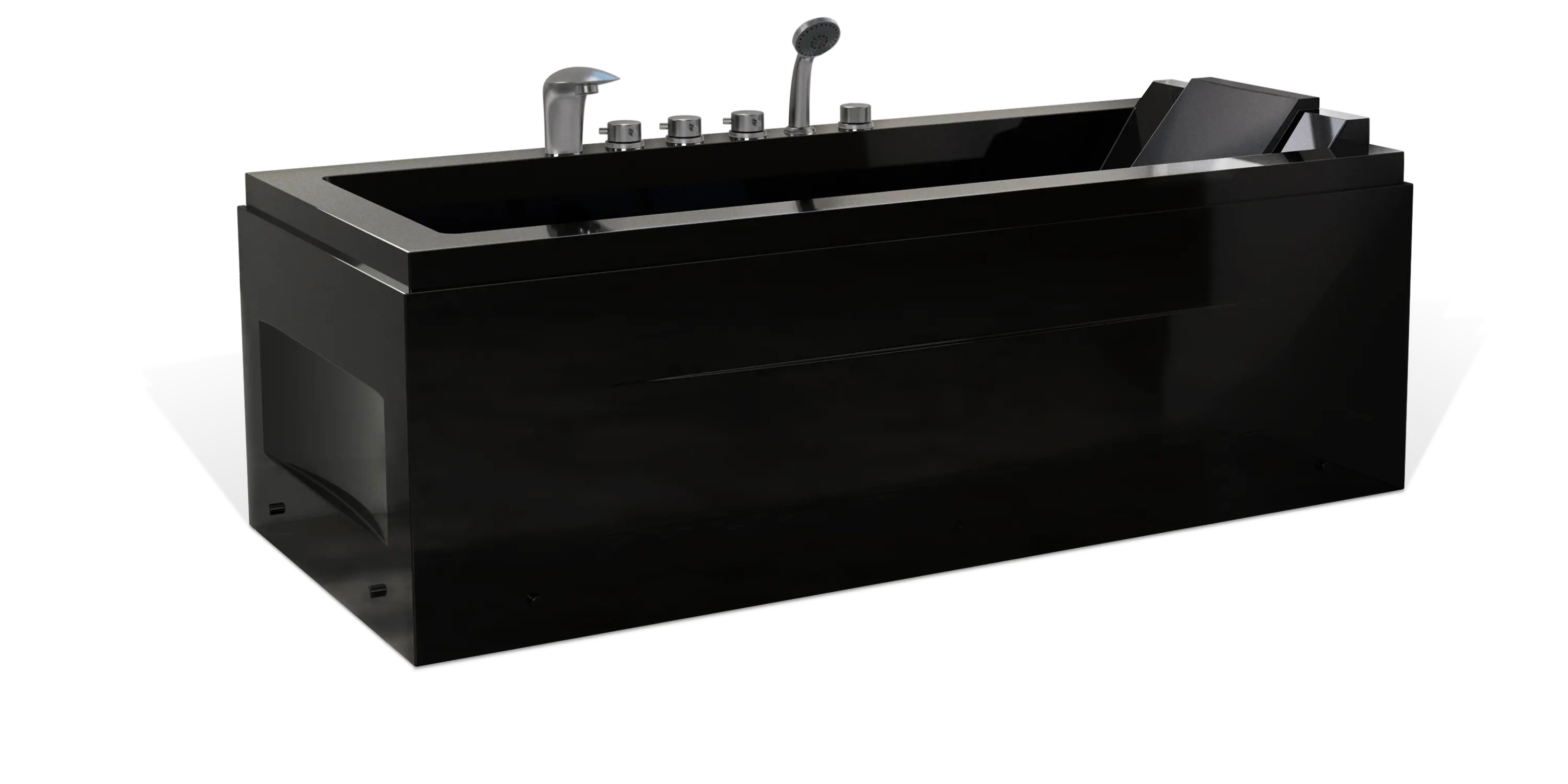 A sleek, modern black Empava bathtub with built-in faucets, showerhead, and a raised backrest. The tub has a rectangular shape with clean lines, designed for contemporary bathrooms.