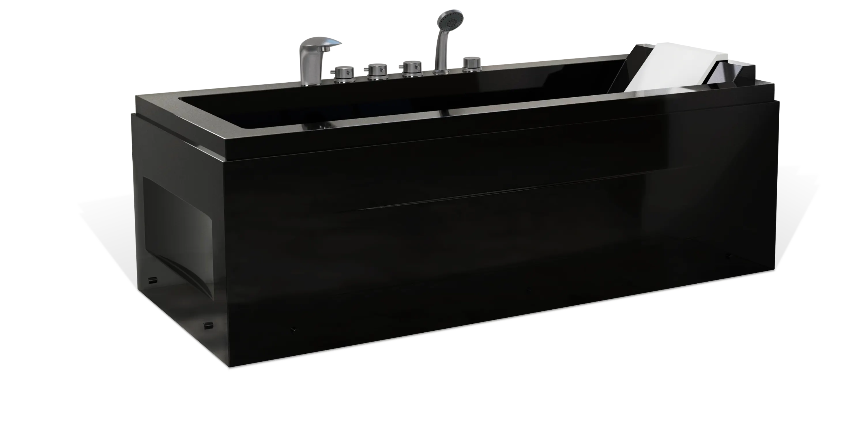 A sleek, black rectangular Empava bathtub with a built-in headrest is shown. It features a faucet, hand shower, and control knobs mounted on one side. The modern design includes clean lines and a glossy finish.