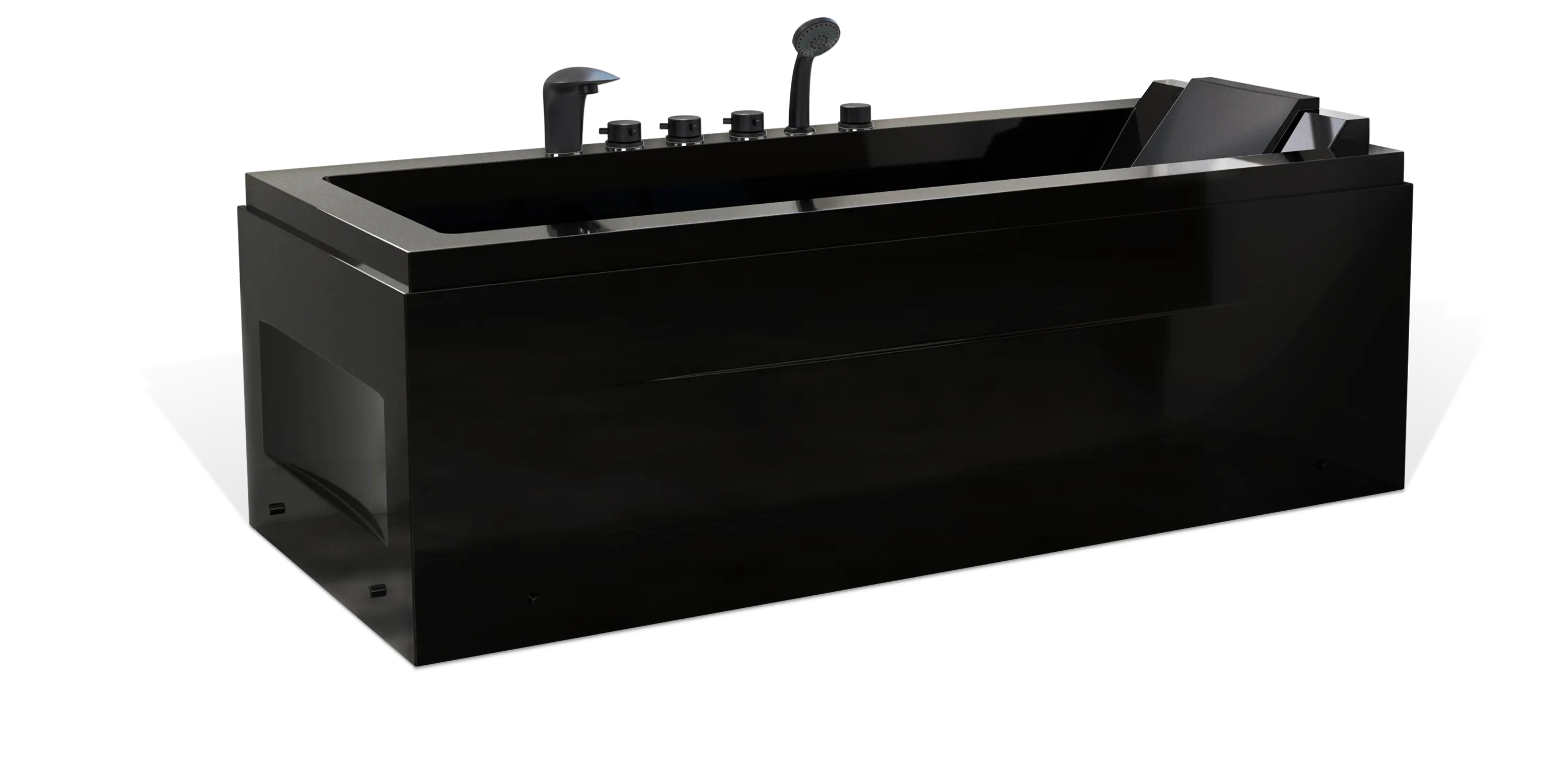 A sleek, modern black bathtub by Empava featuring a rectangular shape with a built-in headrest and multiple faucet handles. The bathtub has a glossy finish and an attached showerhead on the left side, resting on a flat platform with clean, minimalist design lines.
