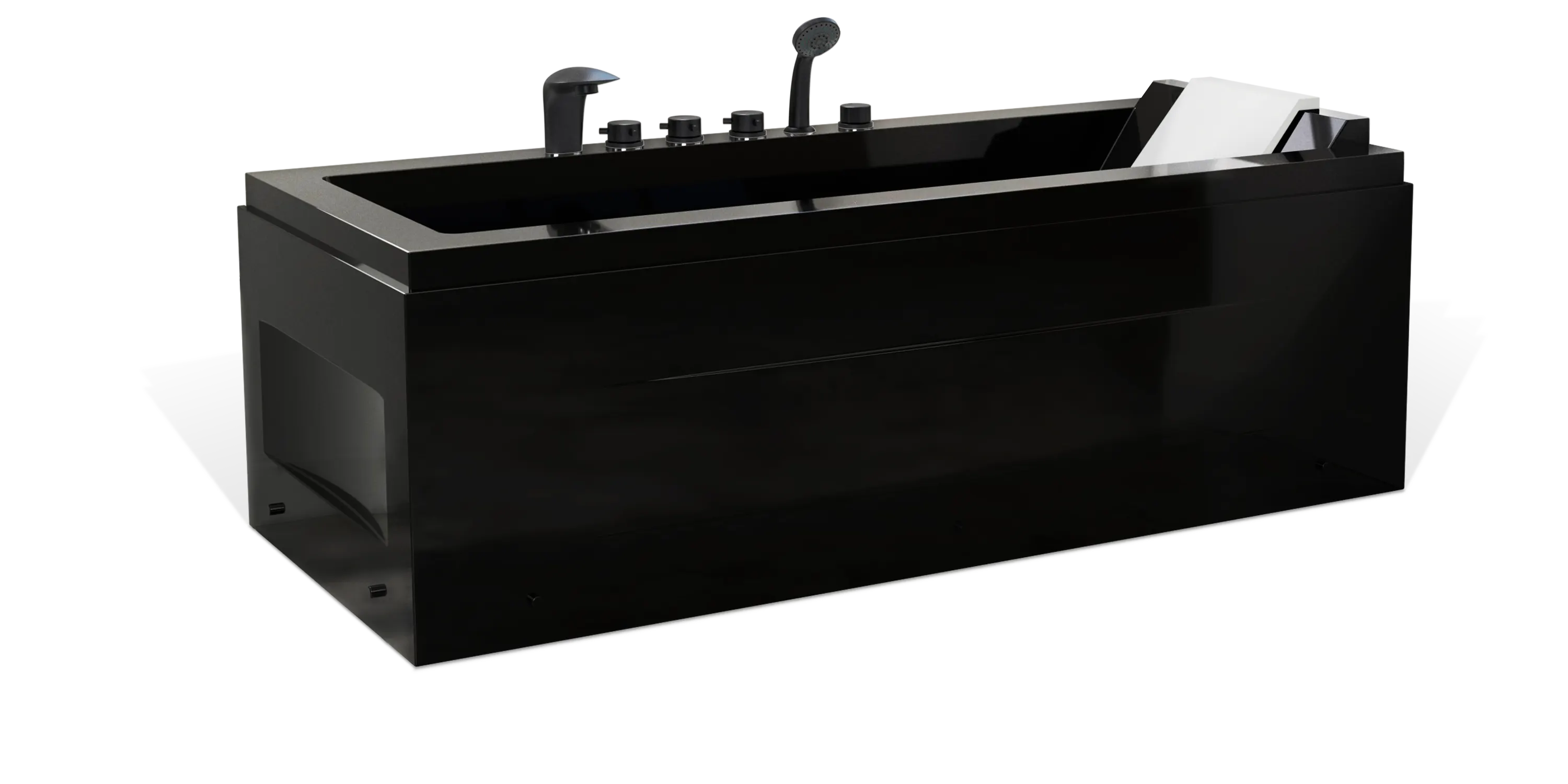 A modern black Empava bathtub with a rectangular design featuring an integrated handheld shower head, faucet, and control knobs on one side. The tub has sleek, minimalistic lines and a slight incline for back support on one end.
