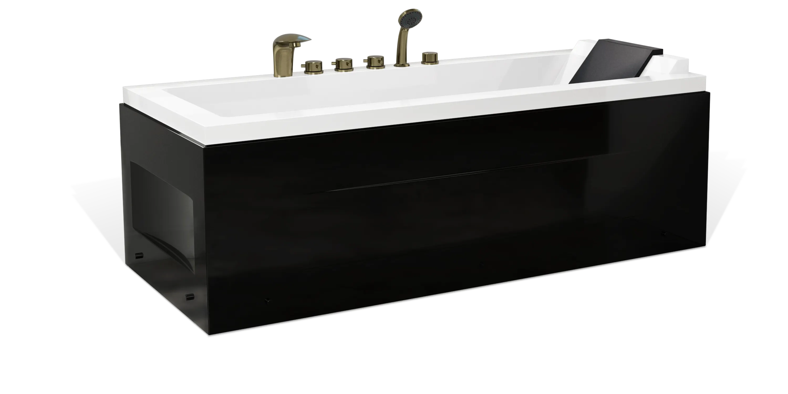A modern black and white Empava bathtub featuring a sleek design, brass fixtures including five knobs, a faucet, and a handheld showerhead. The bathtub also has a built-in inclined backrest and a small rectangular slot on the side panel.