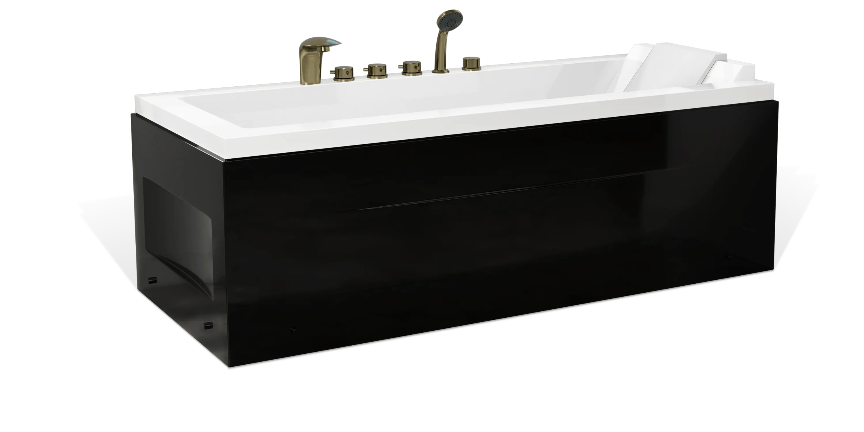 An Empava rectangular, modern bathtub with a sleek black exterior. The tub boasts a white interior and features gold-colored faucet fixtures, including a handheld showerhead and multiple knobs for controlling water flow and temperature.