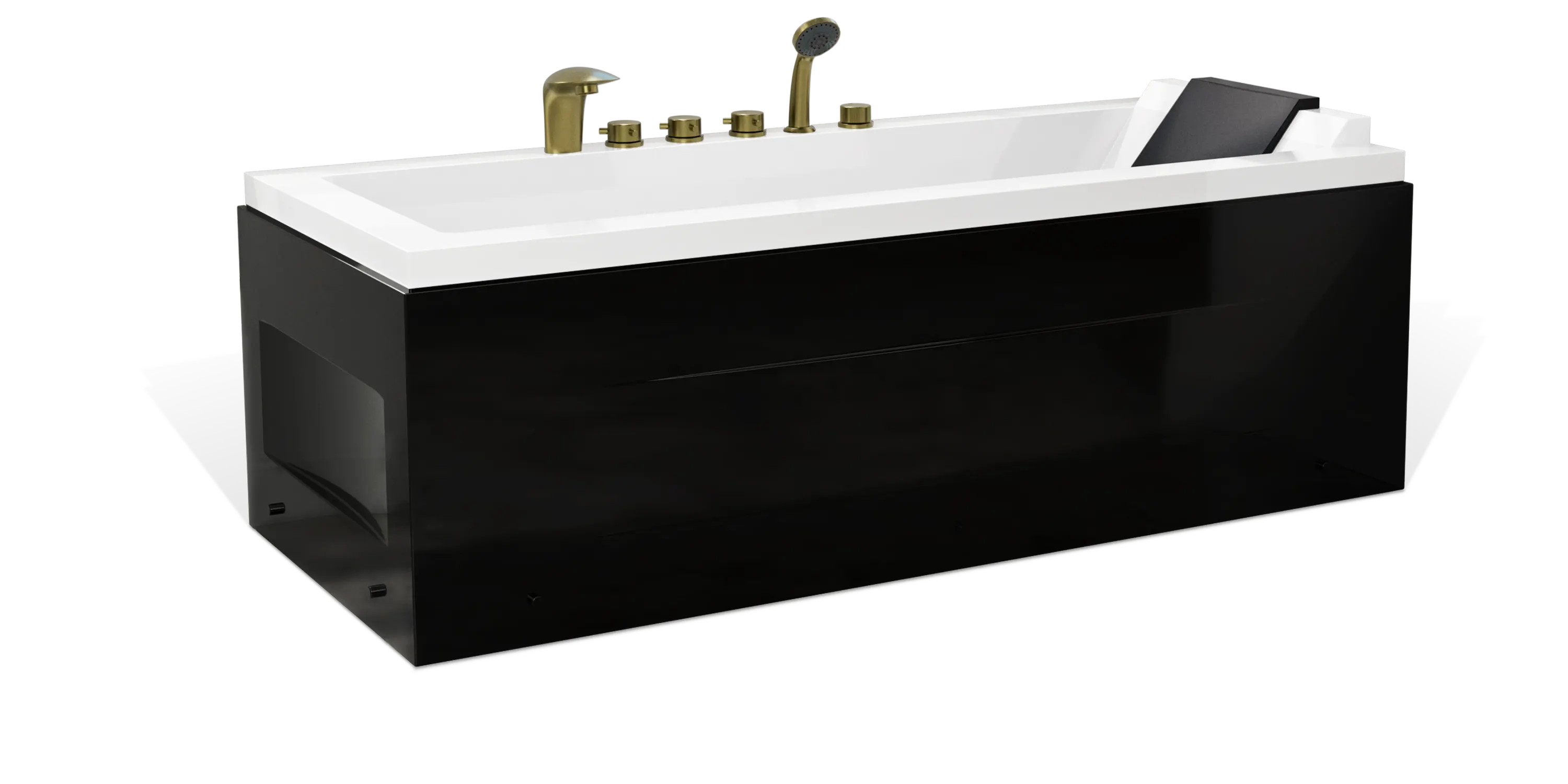 The Empava white rectangular bathtub features a glossy black outer casing, gold faucets, and a handheld showerhead on the left side. It has a built-in sloped backrest and appears to be freestanding, combining luxury with functionality.