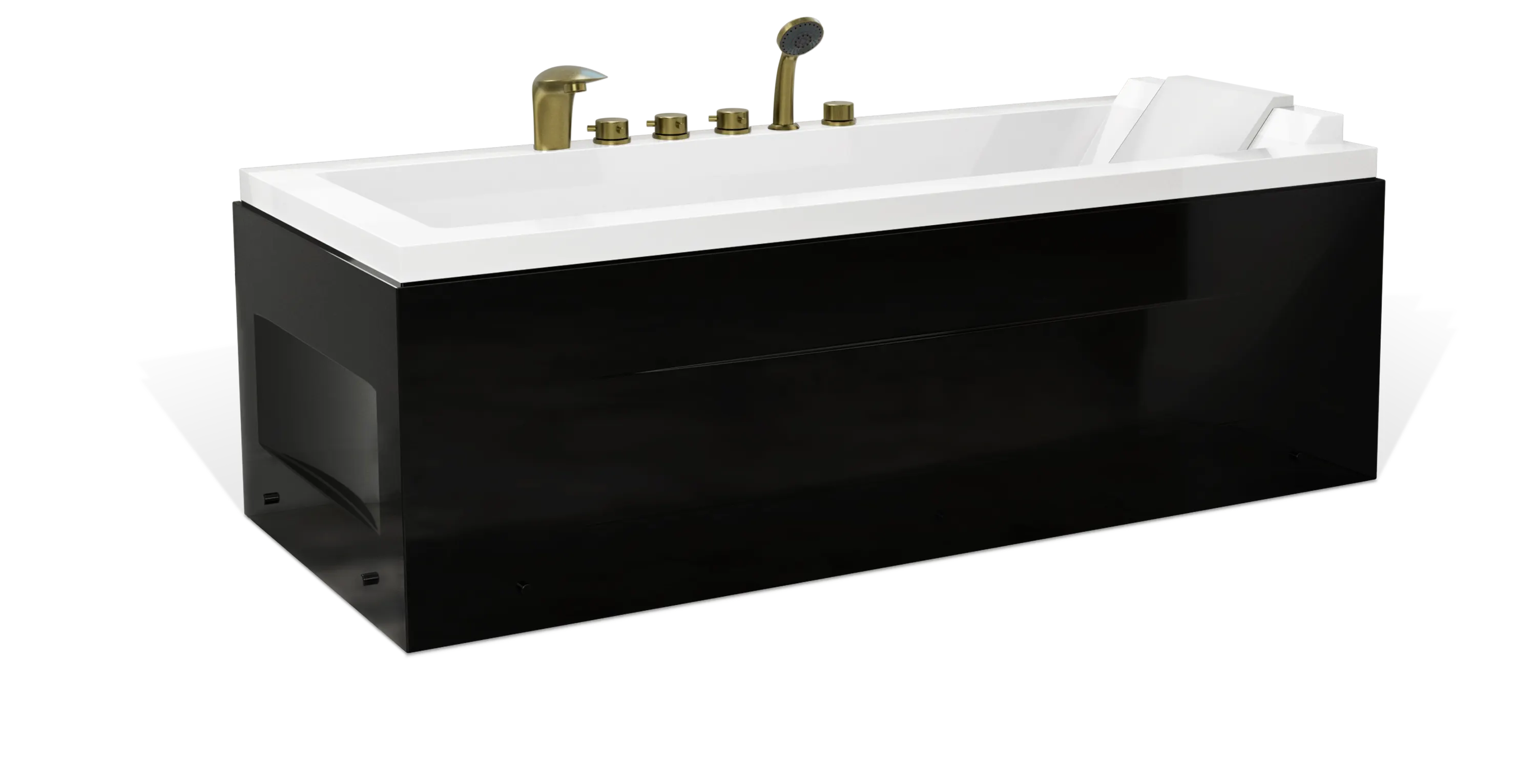The Empava rectangular black and white bathtub features a design with brass faucets and a handheld shower head. Complete with a built-in seat, this tub combines minimalistic aesthetics with modern functionality.