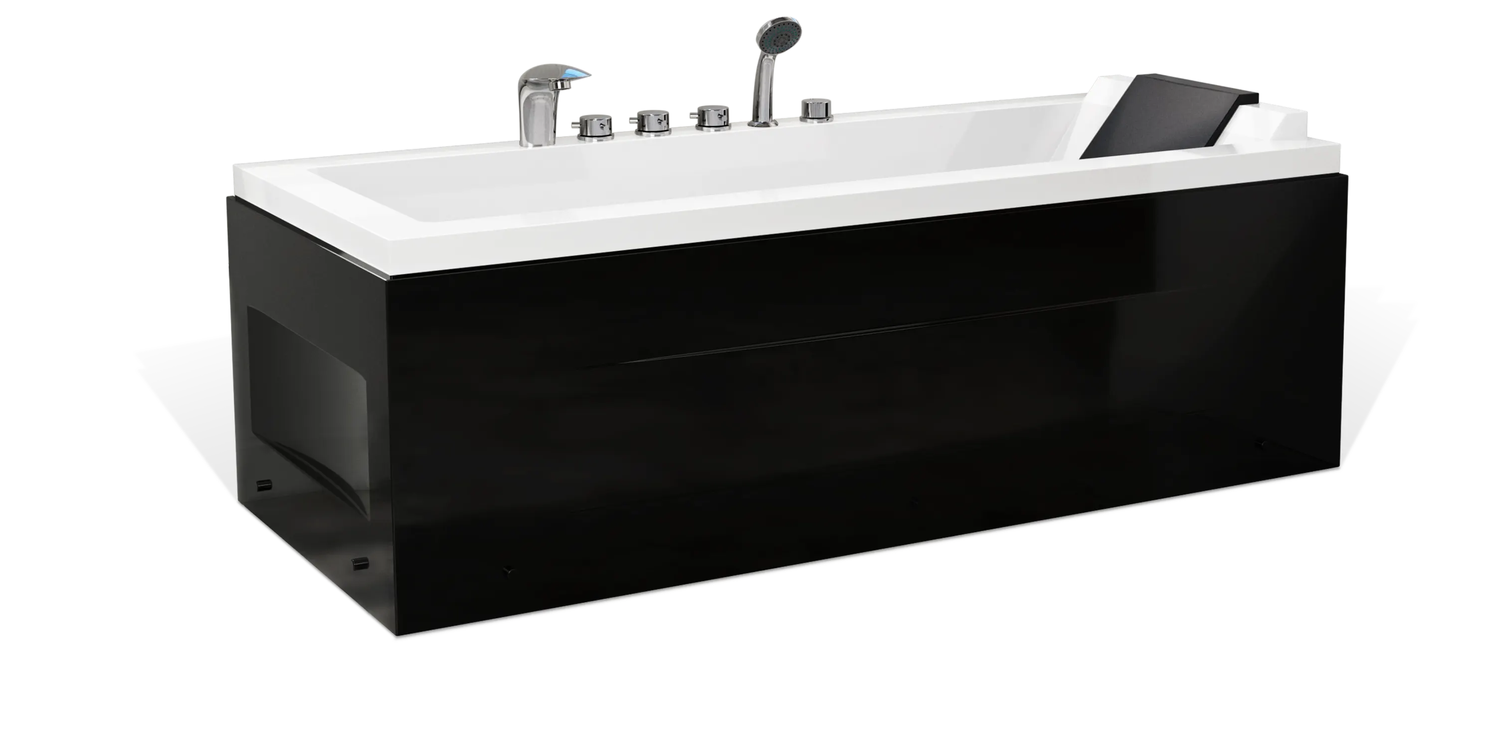 A modern, rectangular Empava bathtub with a glossy black exterior and a white interior. It features multiple chrome fixtures, including a faucet, handles, and a handheld showerhead. There's also an inclined backrest inside the tub for added comfort.