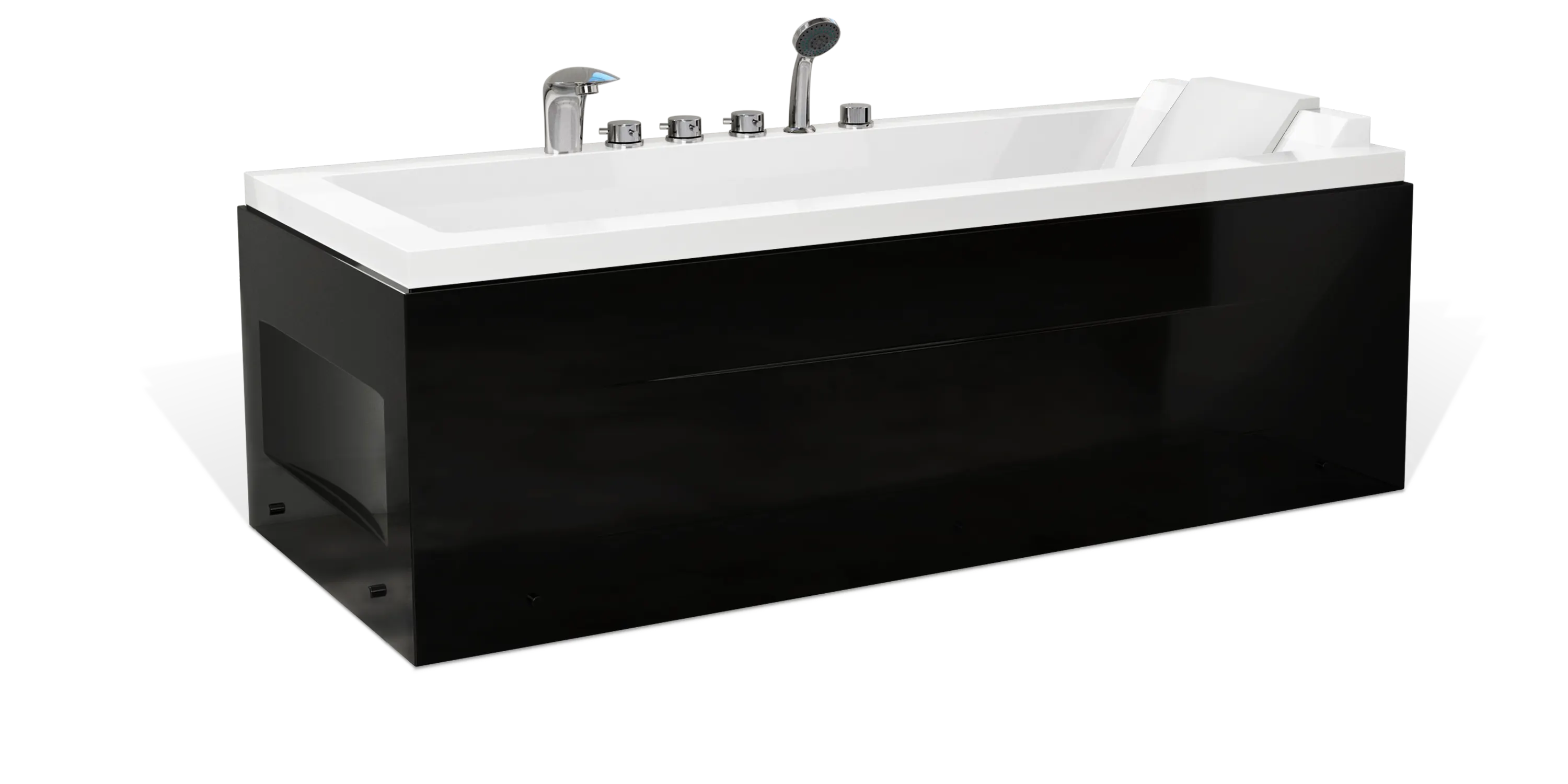 A sleek, modern black Empava bathtub with a white interior, equipped with multiple chrome fixtures including a faucet, hand shower, and various control knobs. The design features clean lines and a minimalist aesthetic.