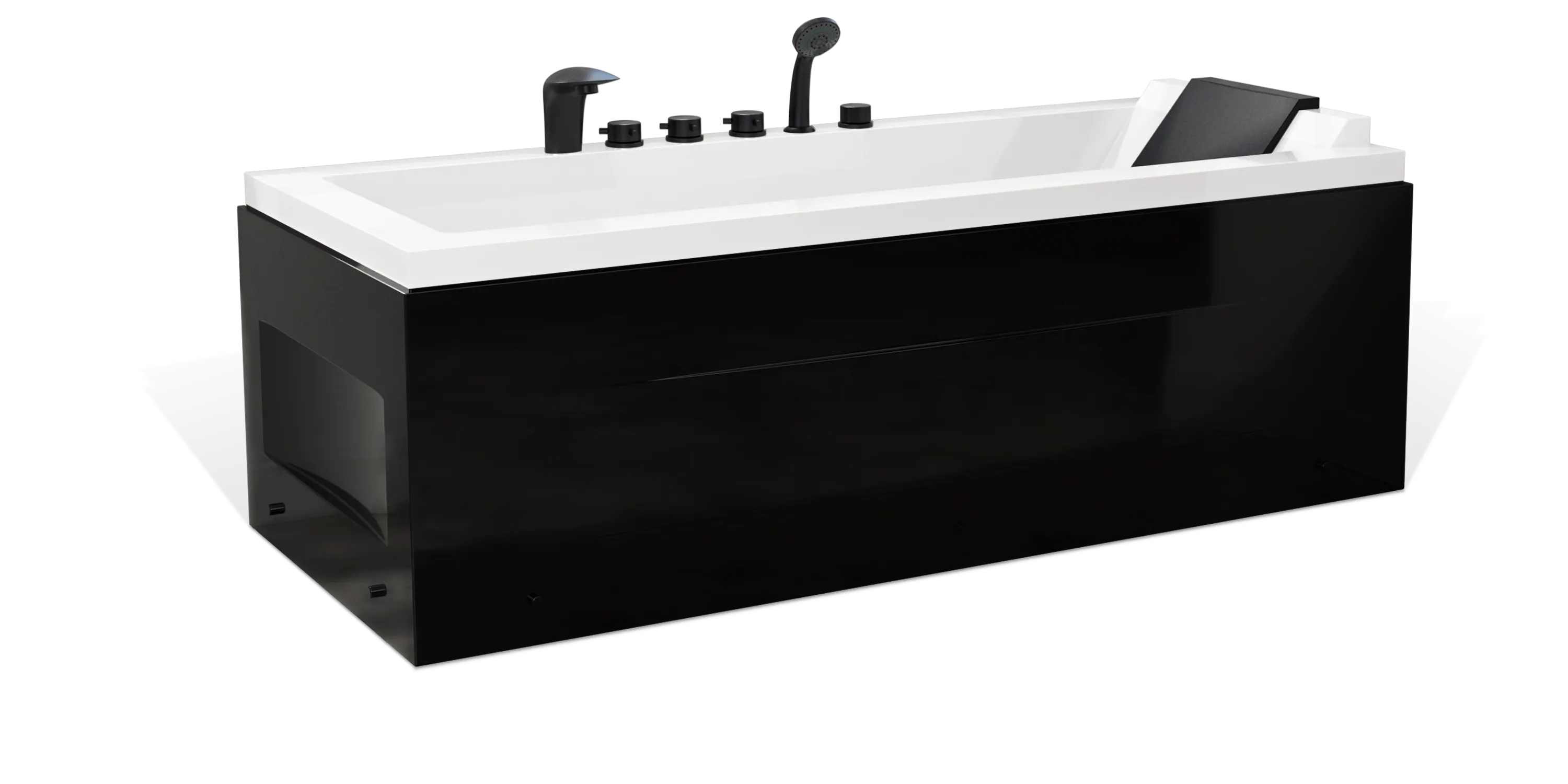 A modern Empava black and white rectangular bathtub featuring a slanted backrest and built-in black fixtures, including a faucet, controls, and a handheld showerhead. The side panel of the bathtub is glossy black.