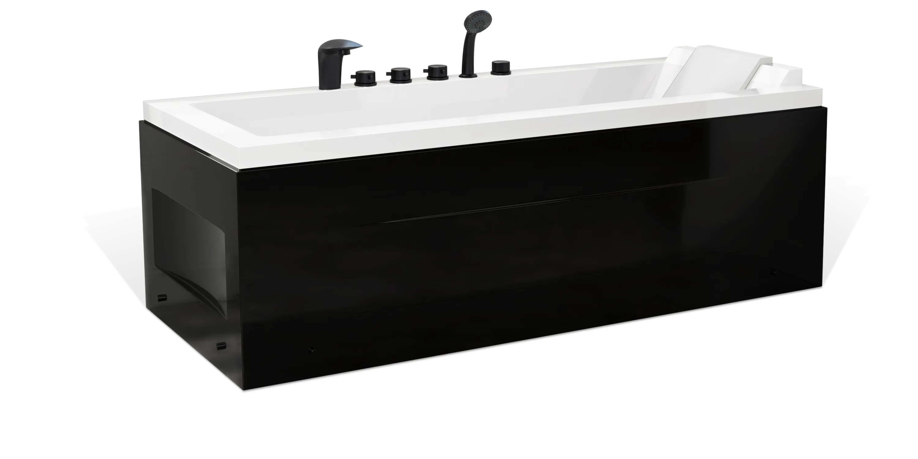 A modern black and white rectangular Empava bathtub with a white interior. It features a sleek black exterior panel and multiple black faucet handles and a showerhead on the top edge. The bathtub also includes an integrated headrest on one end for added comfort.