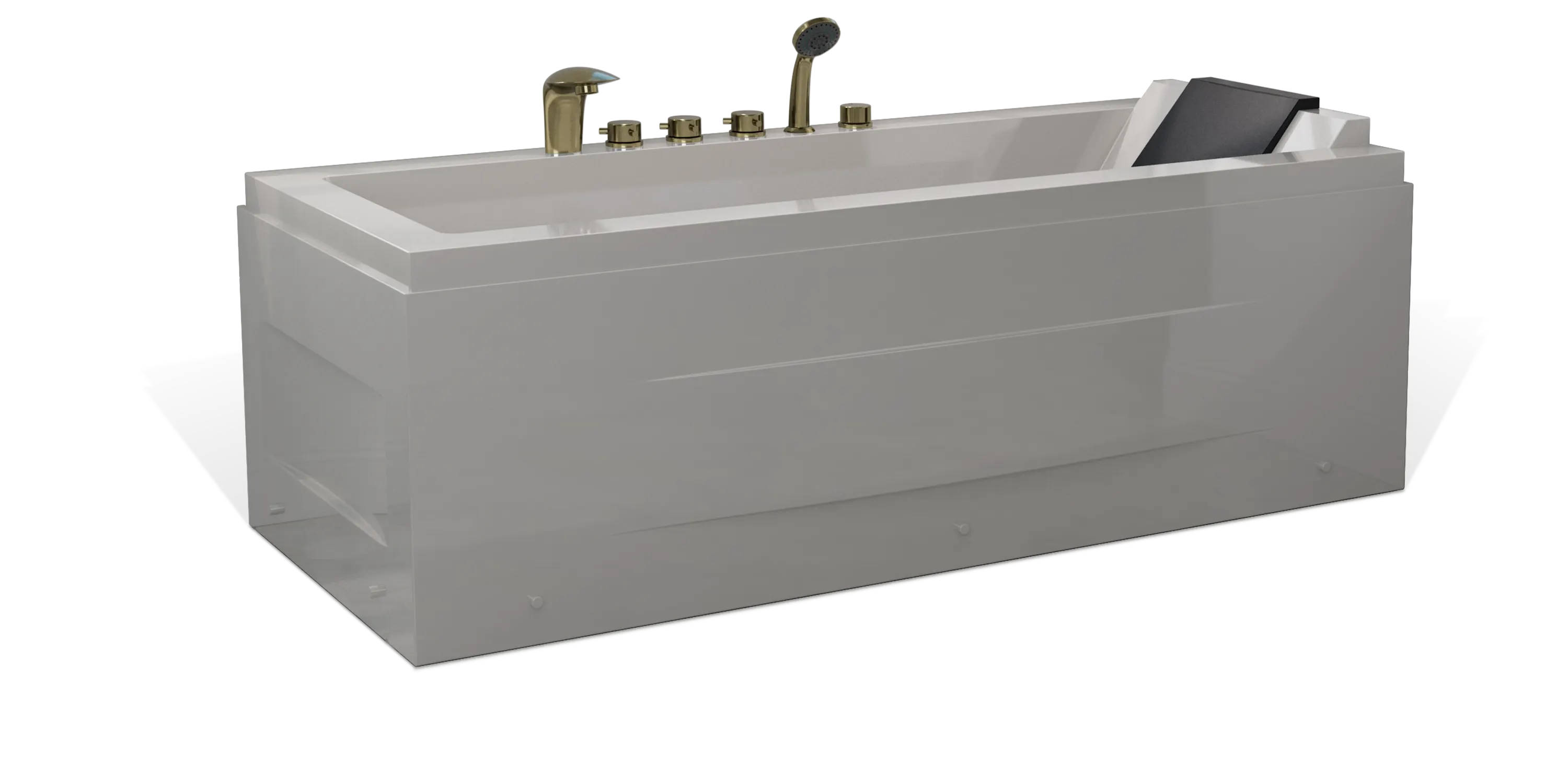 A modern, rectangular Empava bathtub with a glossy white finish, equipped with chrome-colored faucets, a handheld showerhead, and a slanted backrest.