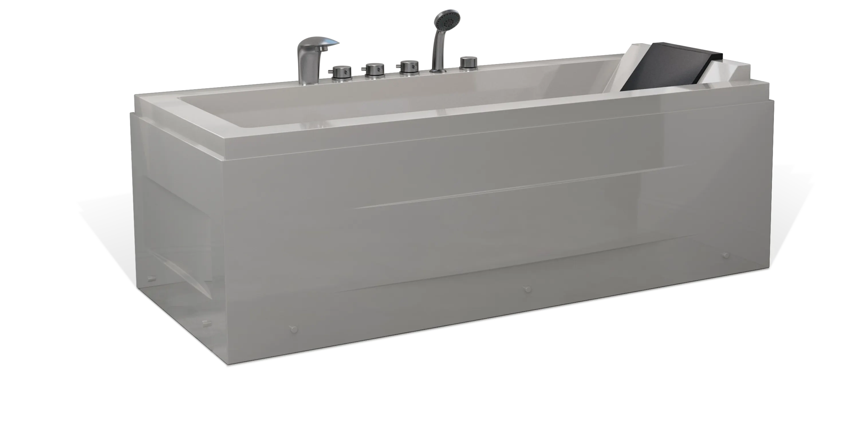 A modern, freestanding Empava bathtub with a shiny grey finish. It is equipped with a handheld shower head, multiple faucet handles, and an angled backrest featuring a small black slot, possibly for holding electronic devices or books.