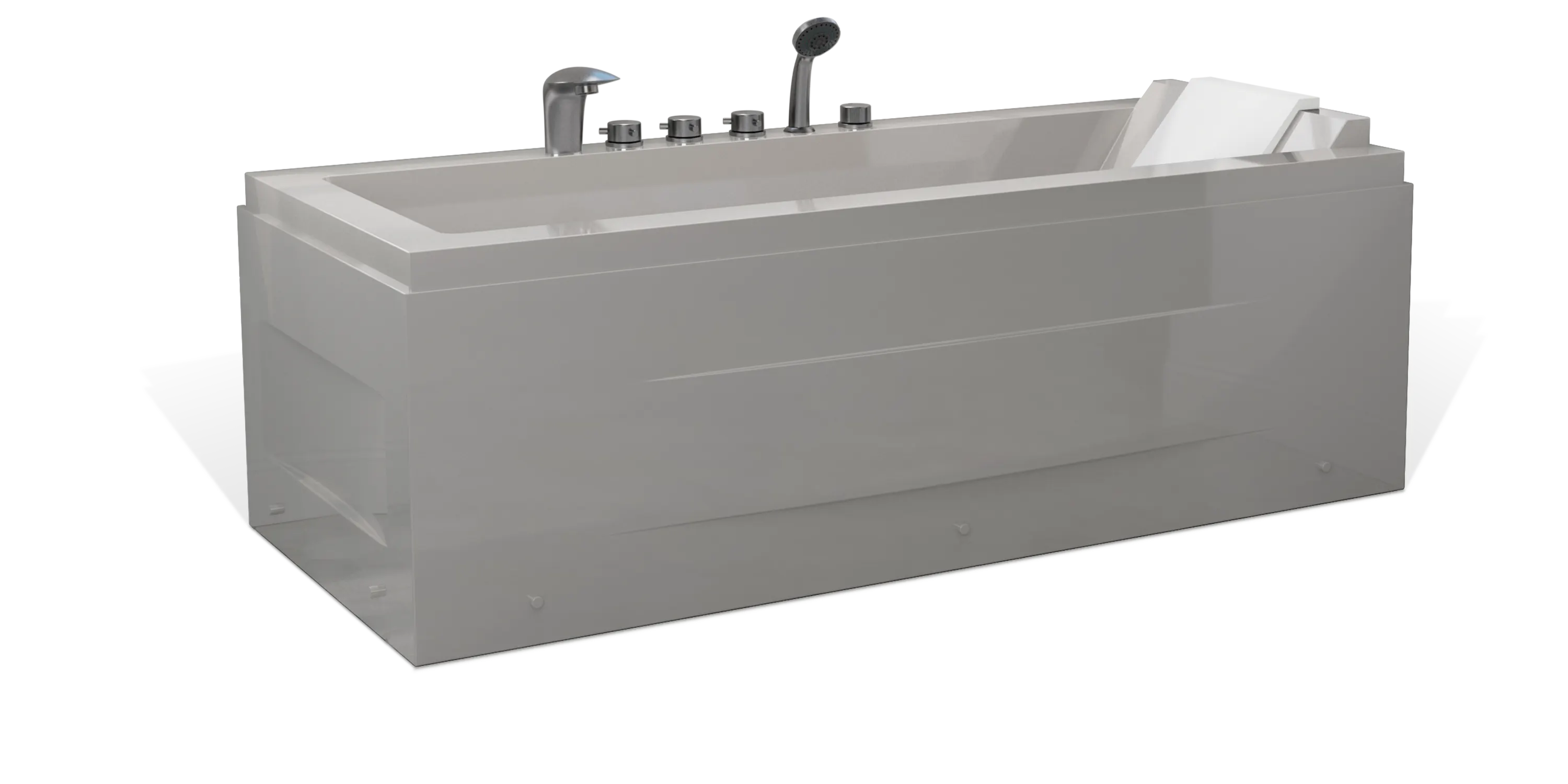 A modern Empava bathtub with a sleek, gray exterior. It features multiple faucet handles, a showerhead attachment, and a convenient backrest. The minimalistic design gives it a contemporary and sophisticated appearance, suitable for a stylish bathroom setting.