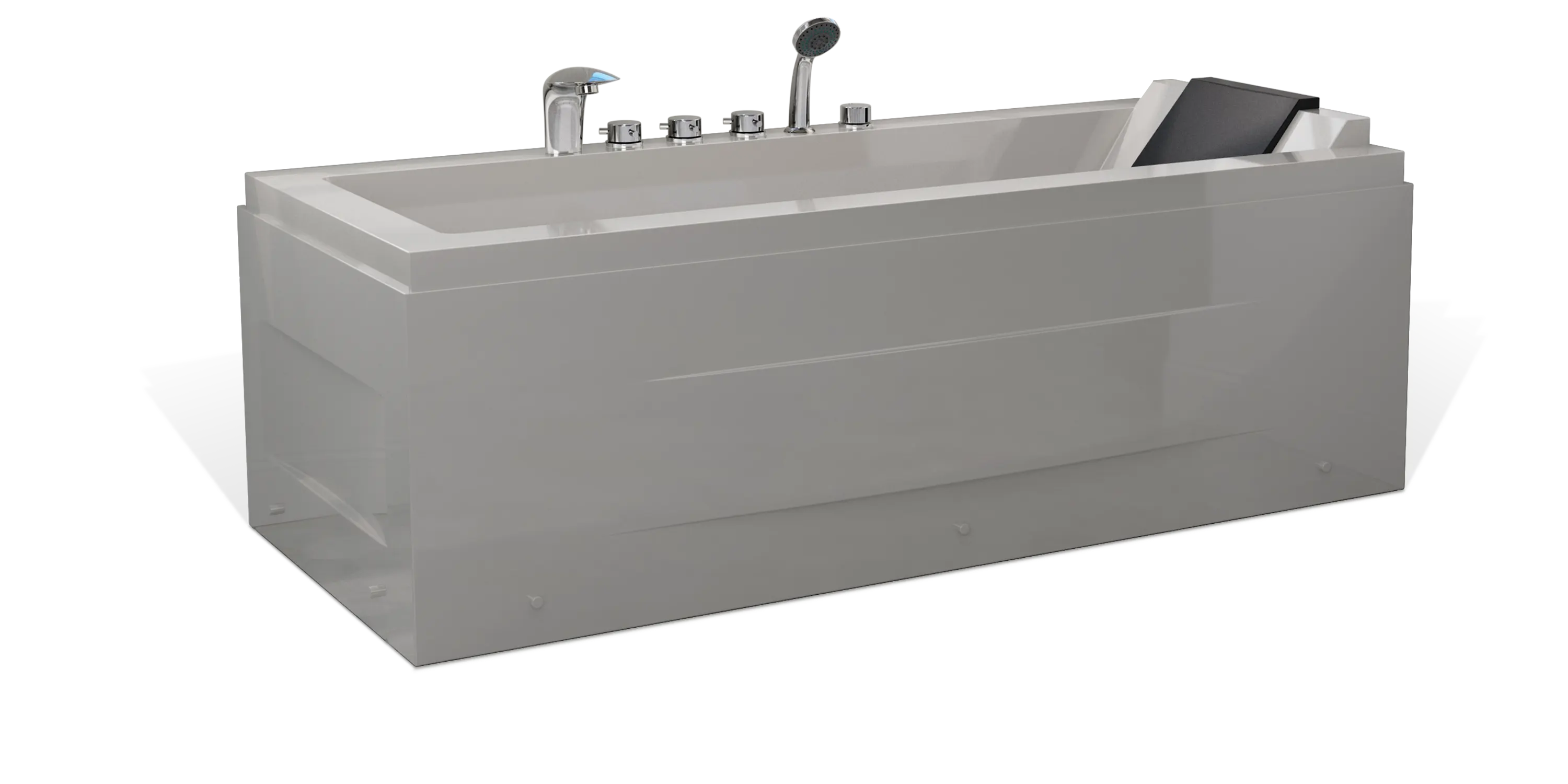 An Empava modern gray acrylic bathtub with a built-in faucet and showerhead, featuring a sloped backrest for comfort. The tub boasts a clean, rectangular design and includes a small shelf at the backrest area for added convenience. This stylish bath fixture is isolated on a white background.