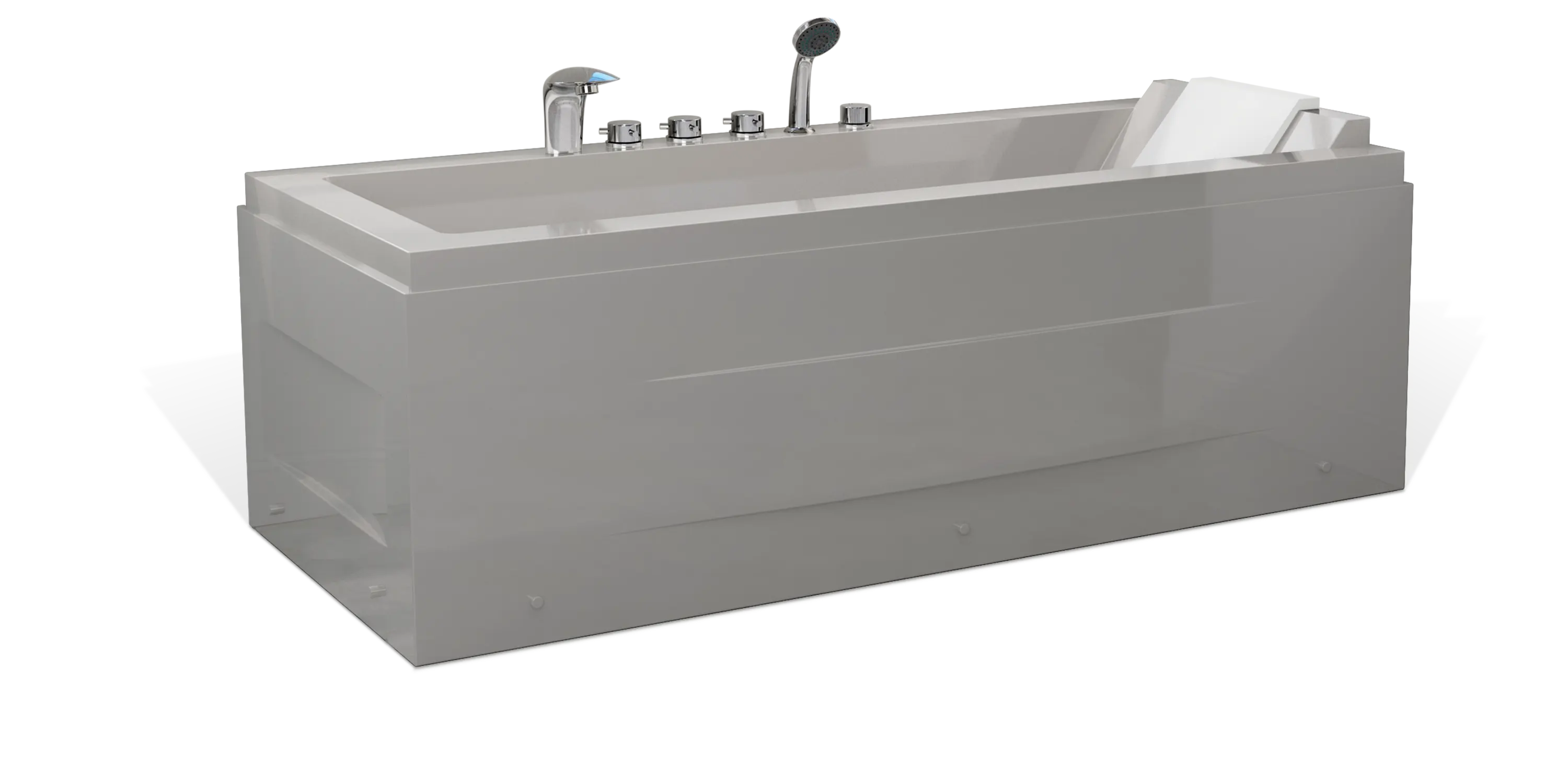 A modern gray rectangular Empava bathtub with a sleek, minimalist design. The tub features multiple rounded metal faucet handles, a showerhead, and a slanted white headrest, providing a comfortable and stylish bathing experience.
