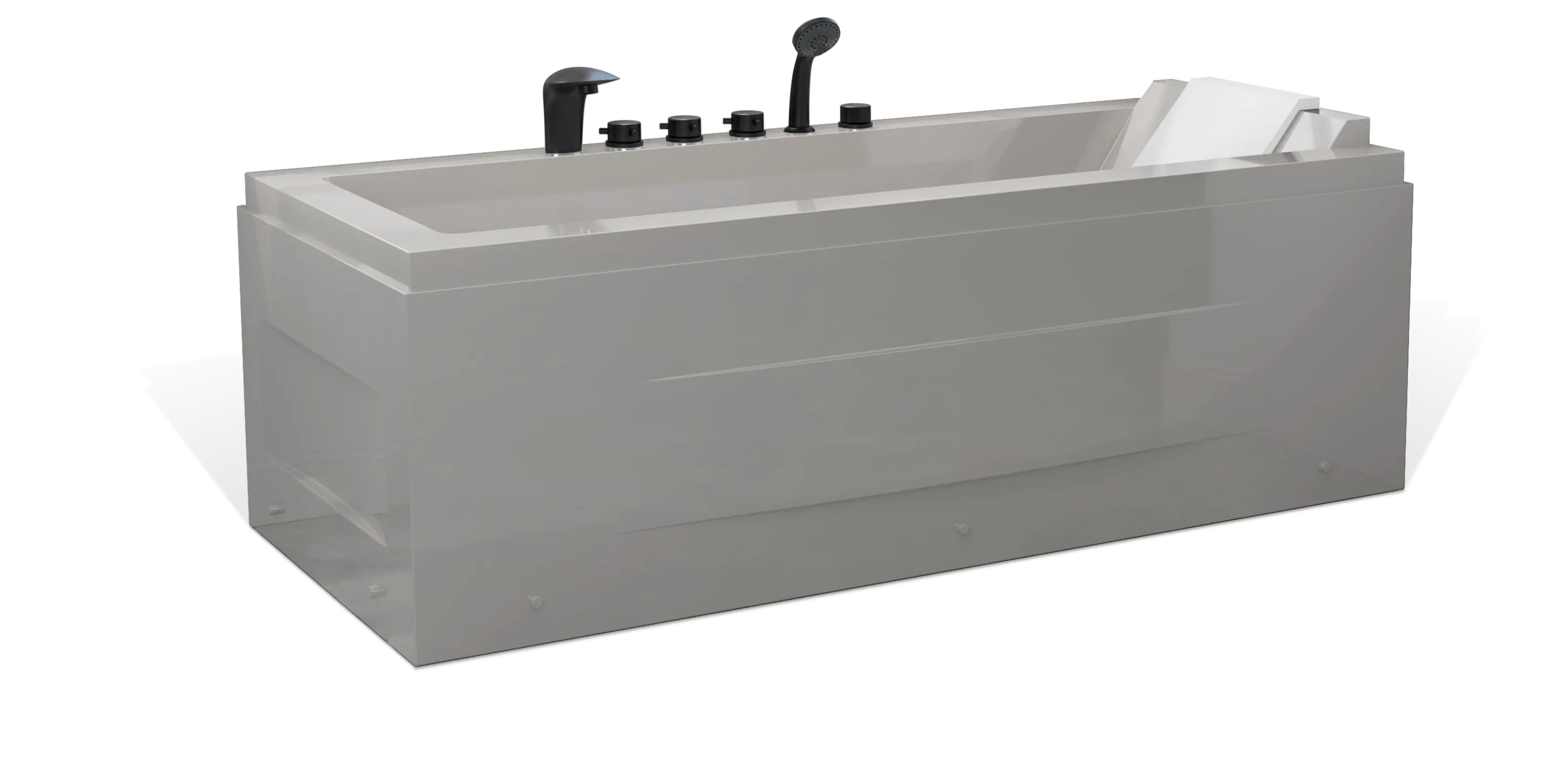 A modern Empava rectangular bathtub with a sleek, minimalist design in light gray. This tub features built-in black fixtures including a faucet, handles, and a handheld showerhead. The Empava bathtub has a slight slope on one side for added comfort.