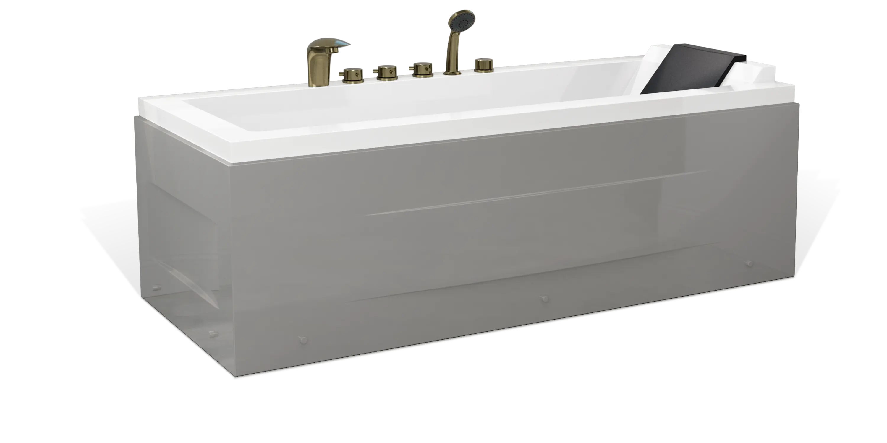 A modern white Empava bathtub with a sleek design, featuring brass faucet fixtures and a hand shower. The bathtub has an integrated, angled backrest for comfort and a built-in slot for soap or accessories. The exterior is glossy and reflective.