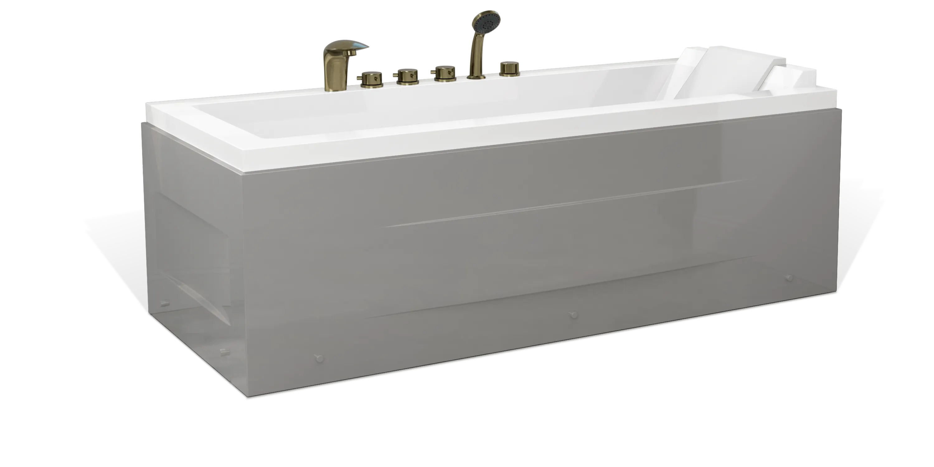 The Empava white rectangular bathtub boasts a modern design with sleek lines and a transparent outer panel. It features gold-colored fixtures, including a faucet, hand shower attachment, and various control knobs.