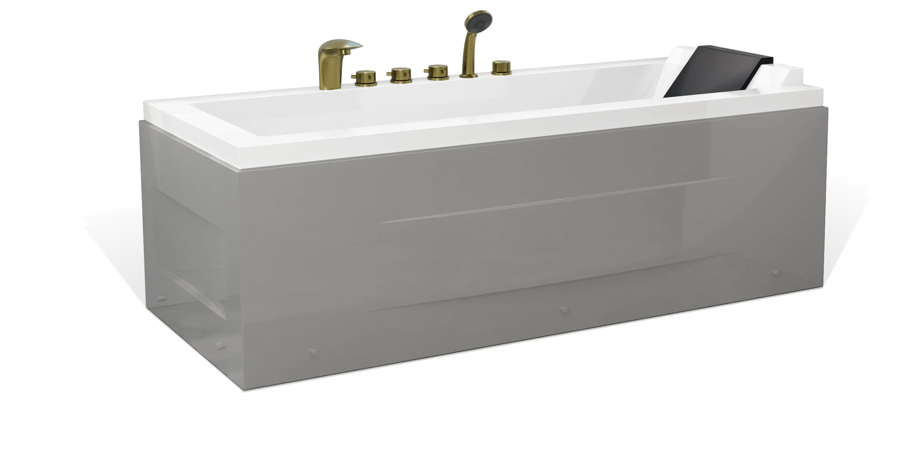 A modern rectangular bathtub by Empava with a sleek, light gray exterior. It features brass fixtures, including a faucet, knobs, and a handheld showerhead. There is a backrest on one side of the tub, along with a black tray placed on the rim.