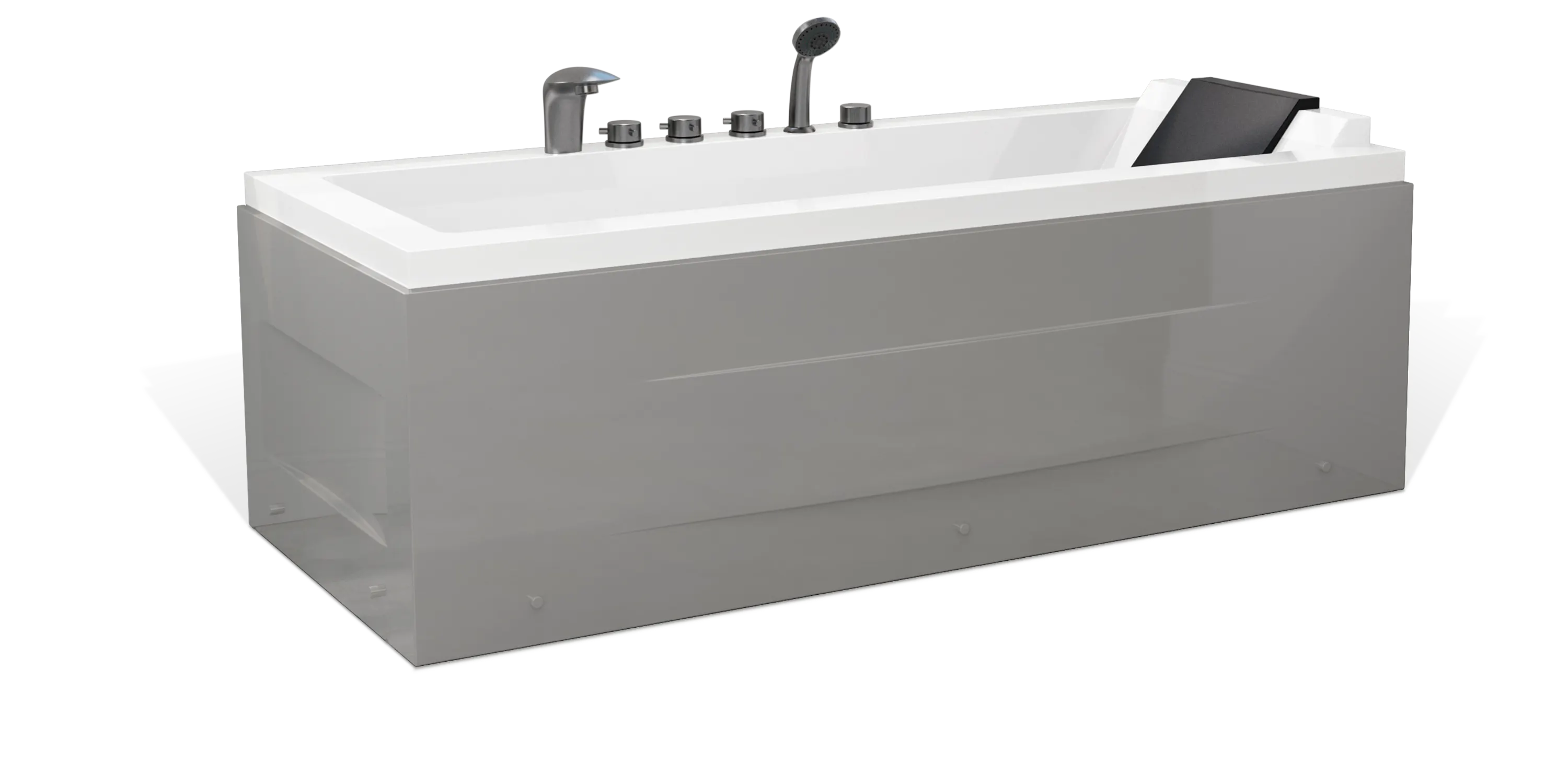 An Empava sleek, modern gray bathtub with metallic fixtures including a faucet, knobs, and a handheld showerhead. The bathtub features a slanted backrest for comfort. The overall design is minimalist and contemporary.