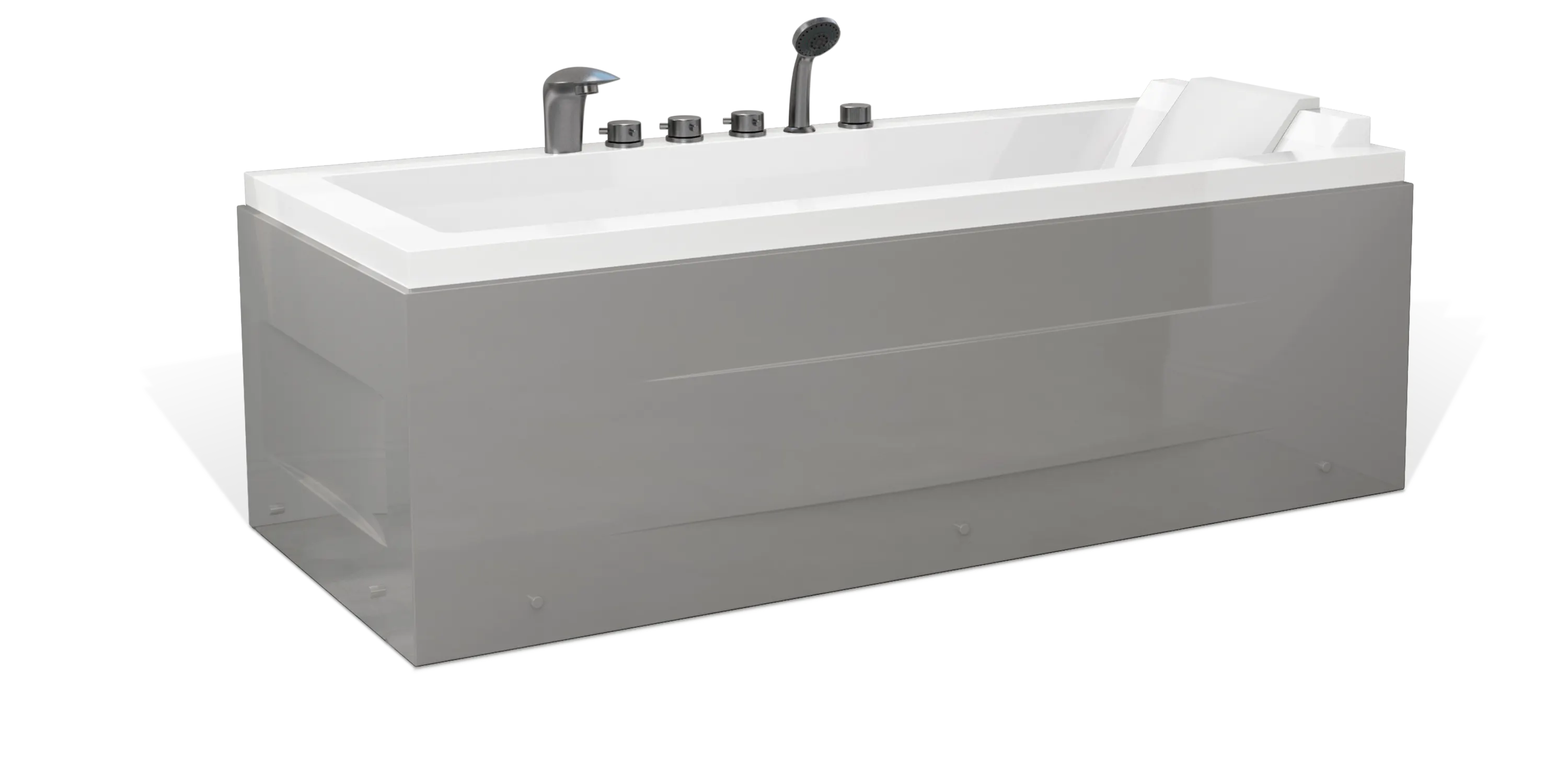 An Empava white rectangular bathtub with a gray exterior panel, equipped with multiple faucet handles and a showerhead. The tub has a clean, modern design and an angled backrest for comfort.