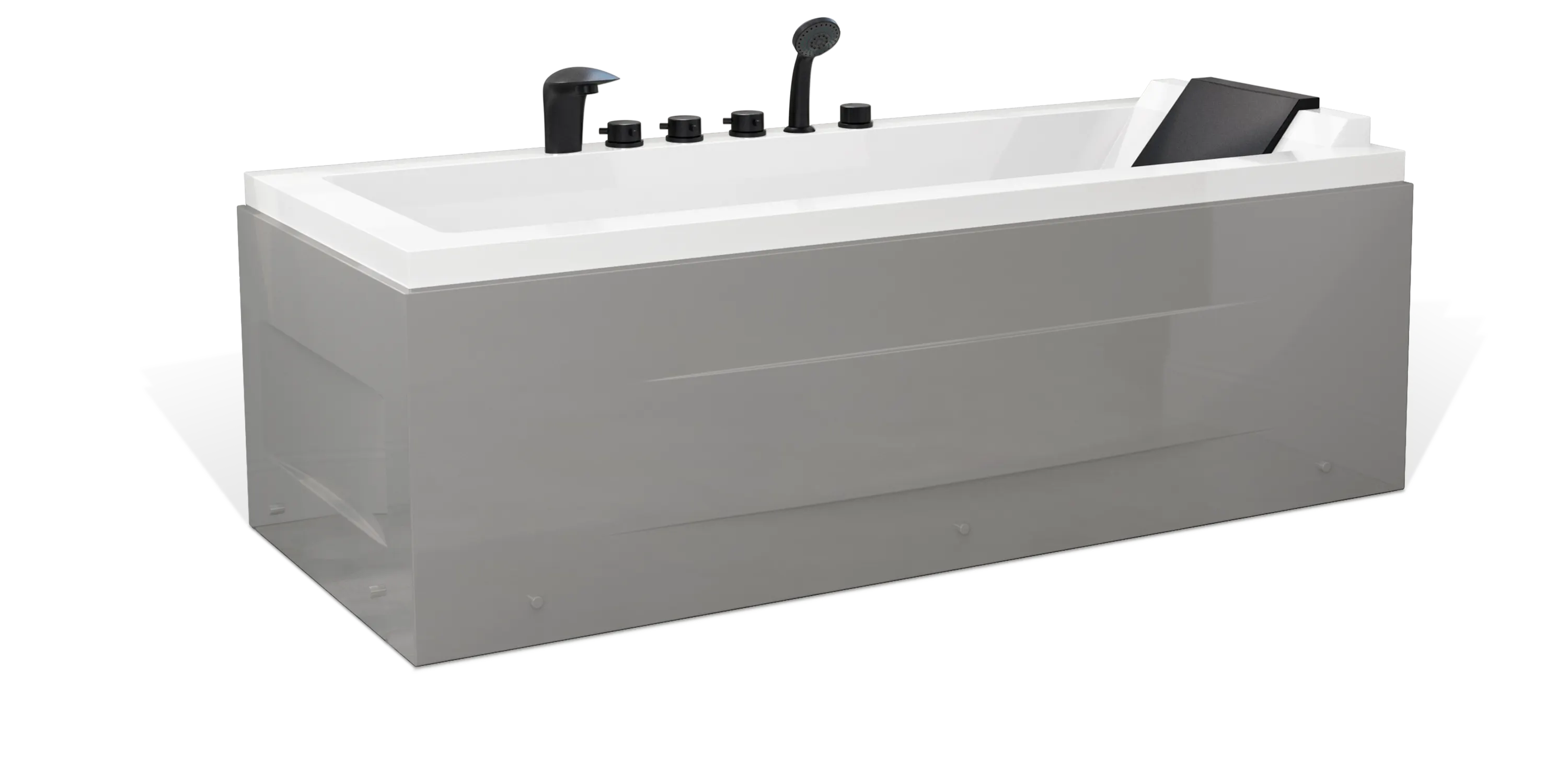 A modern, standalone Empava bathtub with a sleek, angular design is displayed. It features a set of black faucets and controls, as well as a handheld showerhead mounted on the tub's rim. The tub has a minimalist style with smooth, clean lines and a glossy surface.