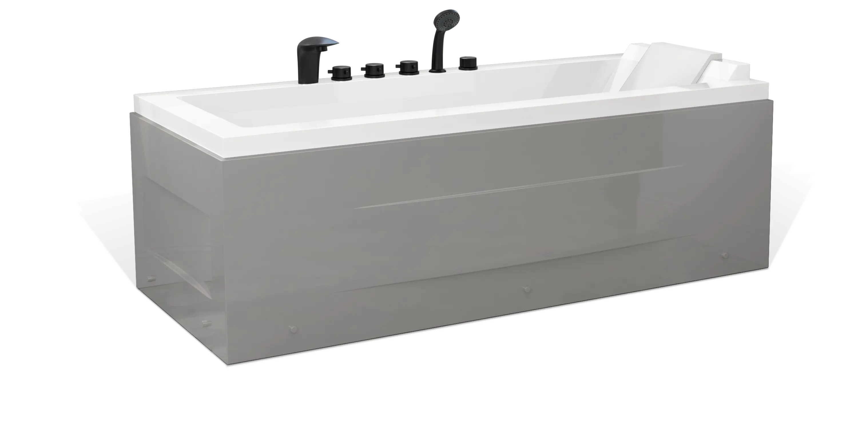 A modern Empava rectangular bathtub with a sleek gray exterior and white interior. The tub features black fixtures, including a faucet, controls, and a handheld showerhead. The bathtub also has an angled headrest for added comfort.