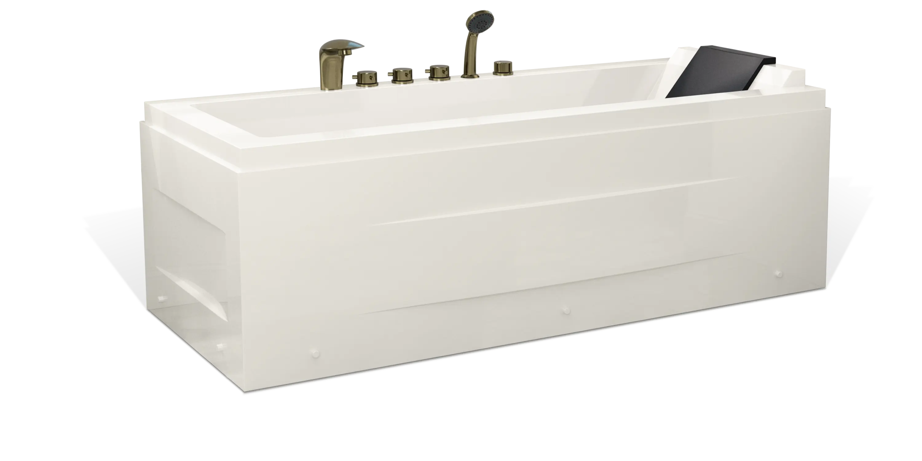 A modern white Empava bathtub equipped with bronze fixtures, including a faucet, hand shower, and various control knobs. The Empava bathtub features a sleek, rectangular design with an angled backrest at one end.