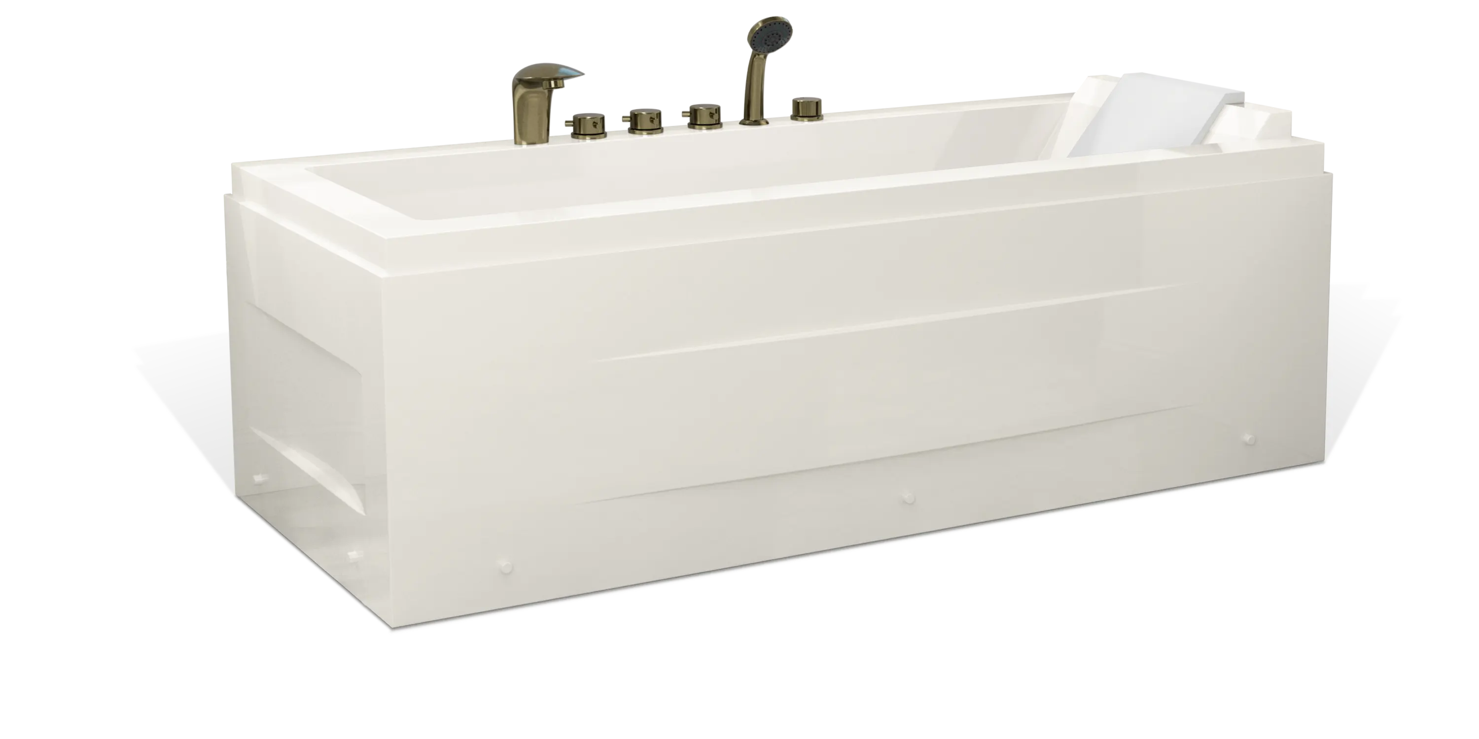 An Empava white bathtub is shown with several brass fixtures including a faucet, showerhead, and various control knobs. The tub features a built-in headrest and a sleek, modern design. The bathtub is placed against a pristine white background.