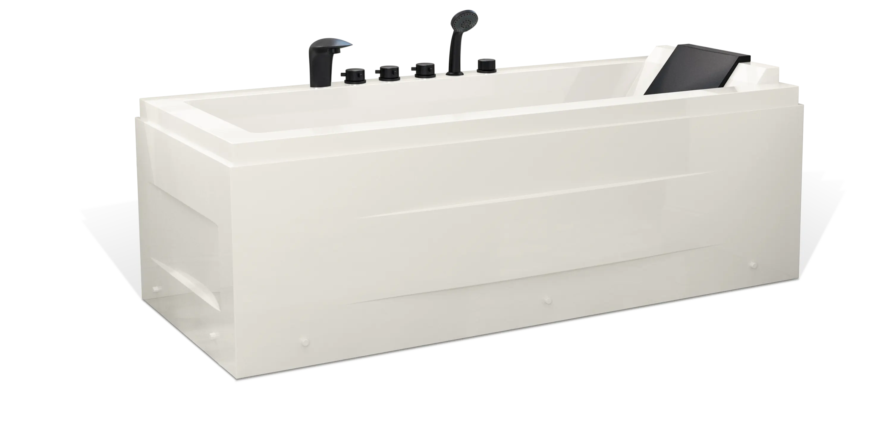 A sleek, modern white bathtub by Empava features black faucet fixtures and a slotted space at the back for a headrest. The tub has clean, angular lines and built-in paneling, giving it a contemporary aesthetic.