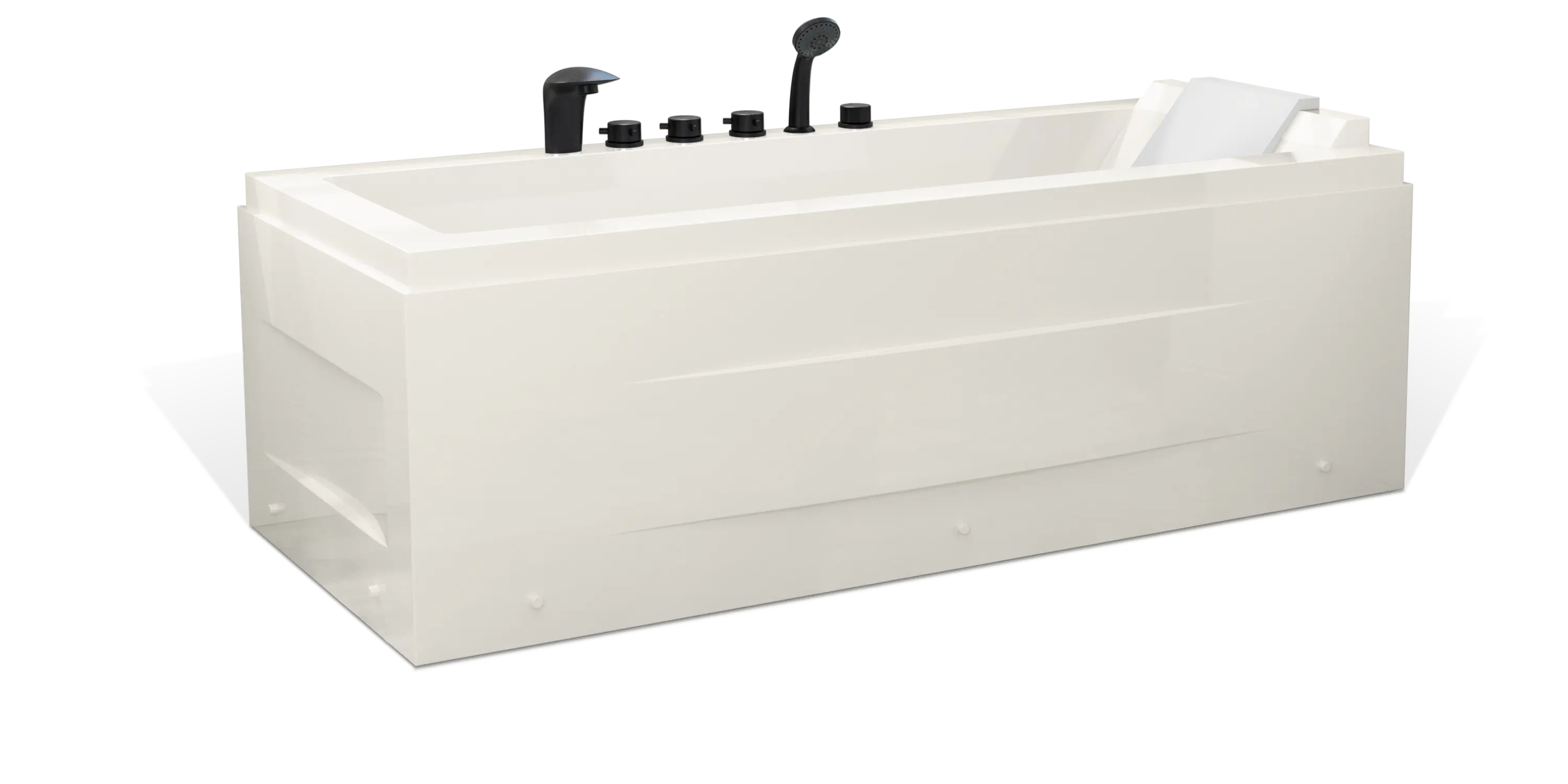 An Empava white rectangular bathtub with a sleek design, featuring black fixtures and a hand shower. The tub has a built-in seat and appears to be freestanding, positioned on a white surface.