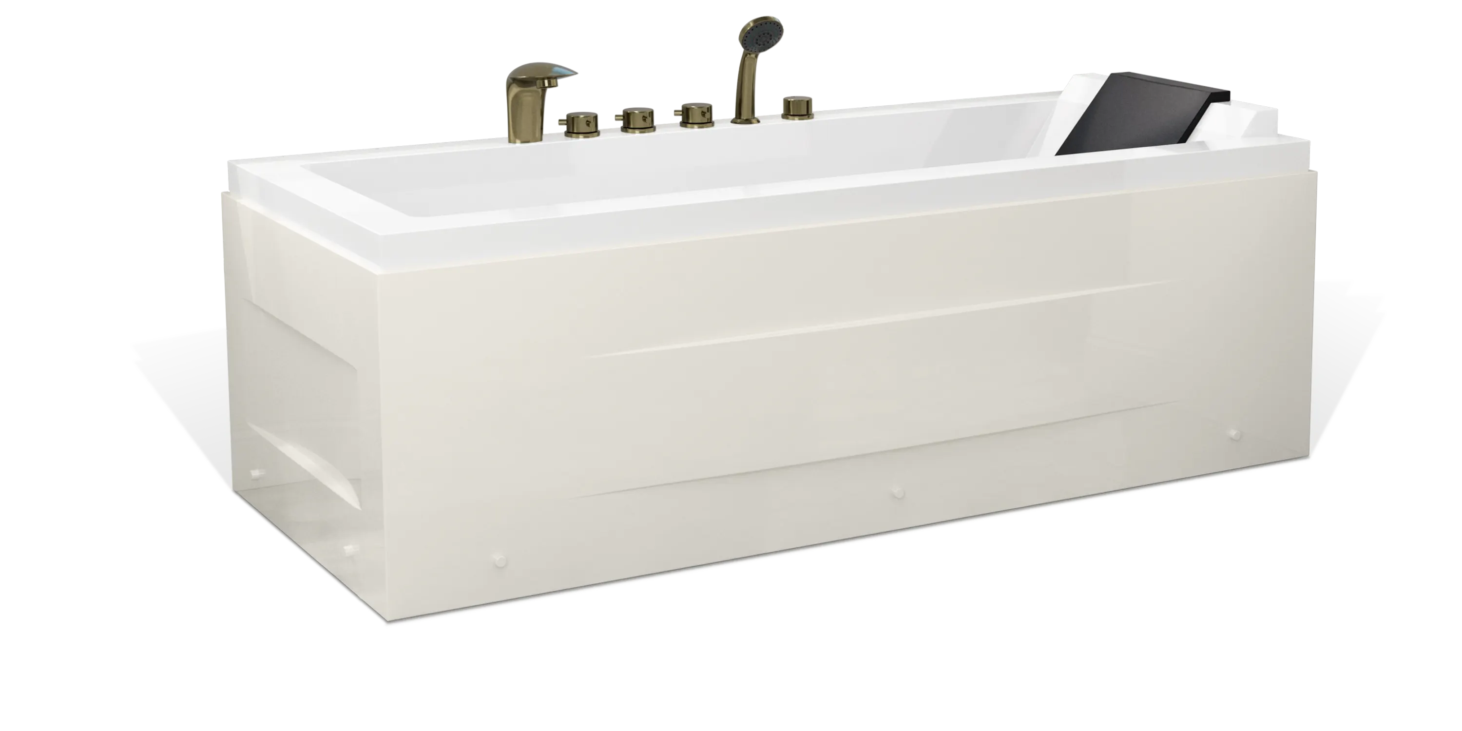 An image of a modern white Empava freestanding bathtub with sleek, minimalist design. The bathtub features brass fixtures including a faucet, knobs, and a hand shower, as well as an integrated backrest for comfort.