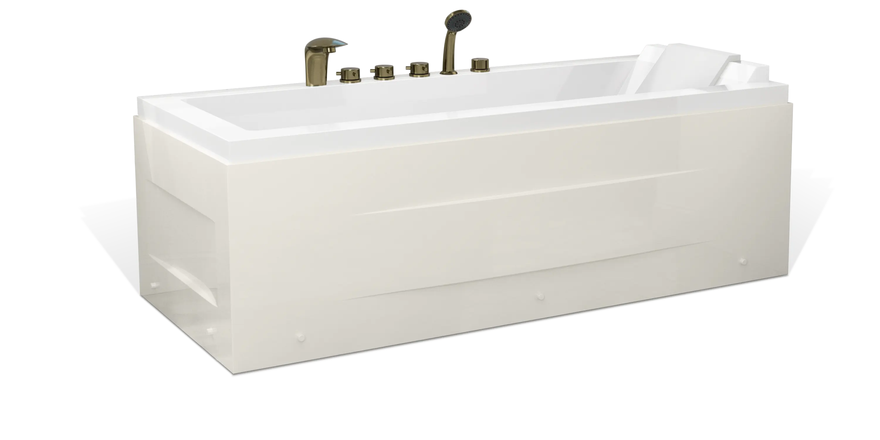 This image showcases a modern white Empava freestanding bathtub with an angled backrest and built-in brass fixtures, including a faucet, hand shower, and control knobs.