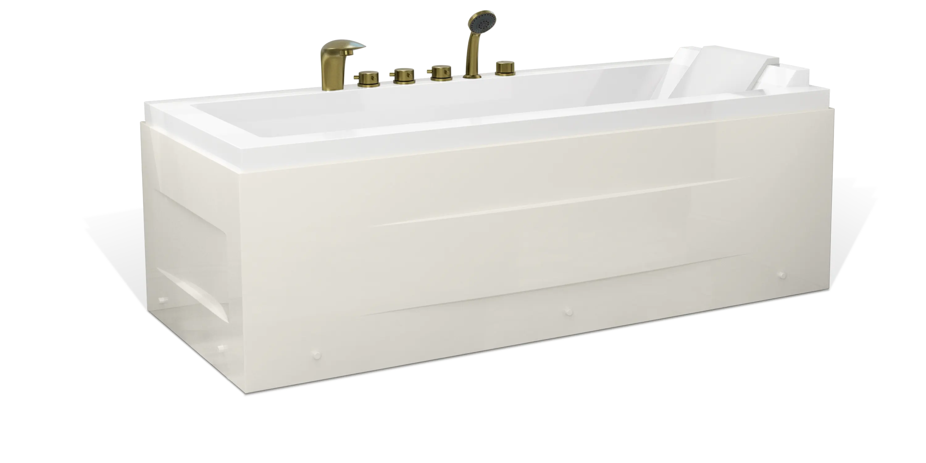 The Empava modern white rectangular bathtub features gold-tone fixtures, including a faucet, knob controls, and a handheld showerhead. Its sleek, minimalist design includes a slightly inclined backrest for comfort. The image background is transparent.